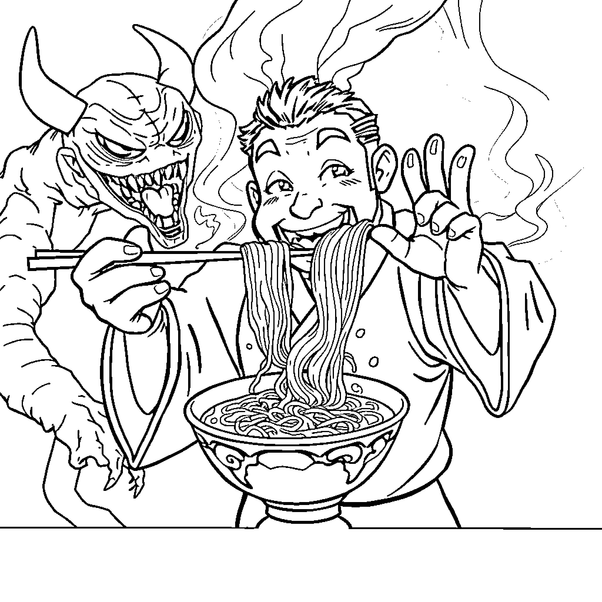 Rumi's Spicy Meal with Mythical Creature Coloring Page (free black-and-white line drawing printable PDF for all, from beginners to advanced learners, including children, teens, adults, and seniors)