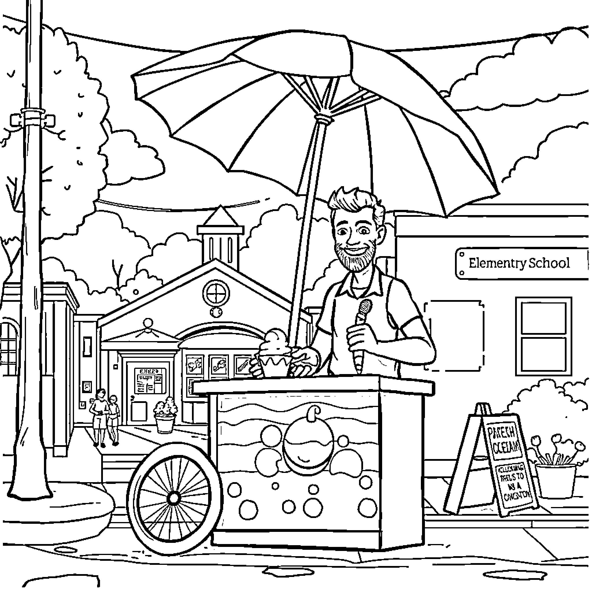 Man selling treats under umbrella in front of school Coloring Page (free black-and-white line drawing printable PDF for all, from beginners to advanced learners, including children, teens, adults, and seniors)