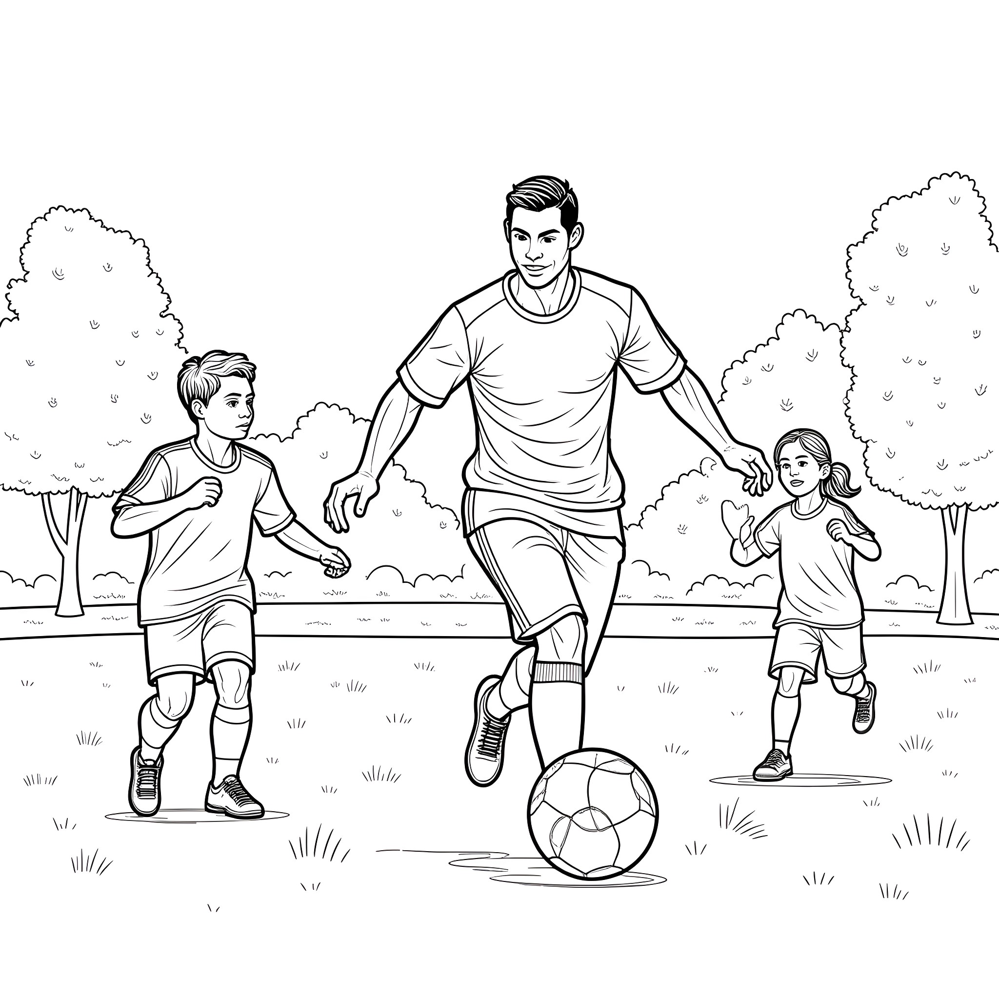 Ronaldo playing soccer with kids in the park Coloring Page (free black-and-white line drawing printable PDF for all, from beginners to advanced learners, including children, teens, adults, and seniors)