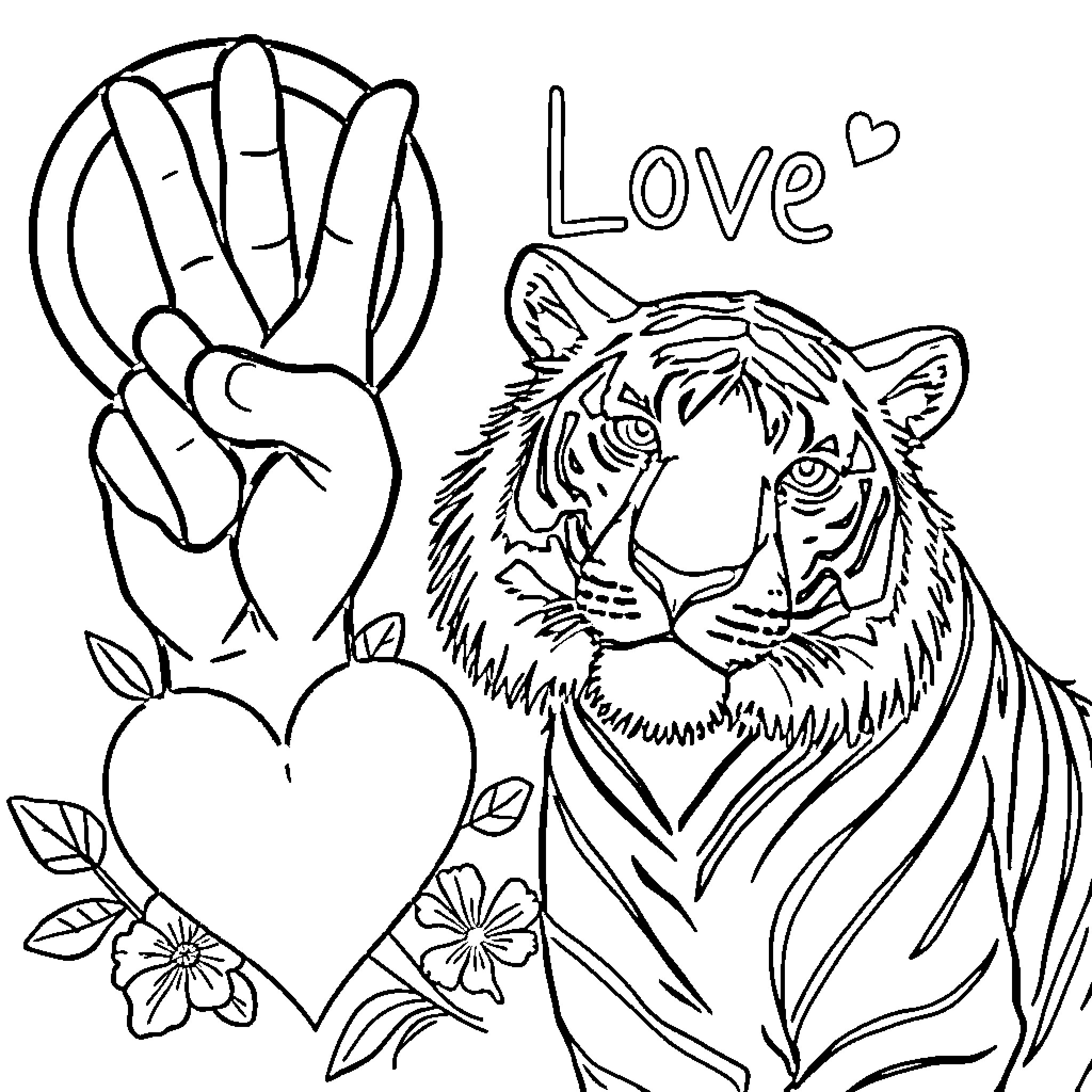 Tiger with hand gesture expressing love Coloring Page (free black-and-white line drawing printable PDF for all, from beginners to advanced learners, including children, teens, adults, and seniors)