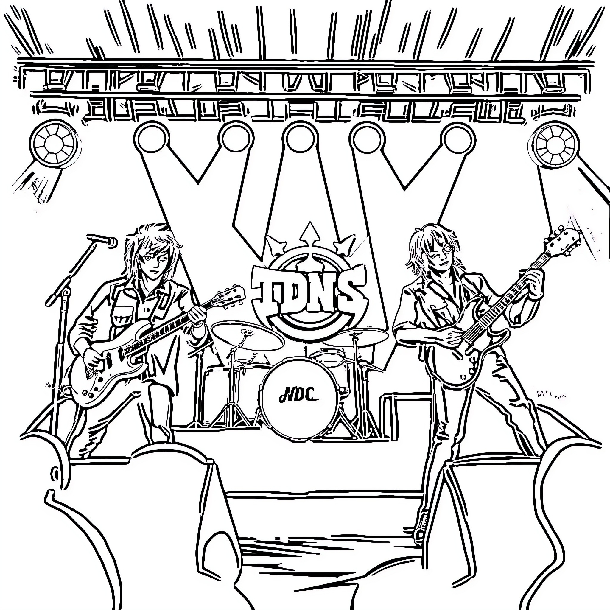 Fontaines DC Performing on Stage with Rock Band Coloring Page (free black-and-white line drawing printable PDF for all, from beginners to advanced learners, including children, teens, adults, and seniors)