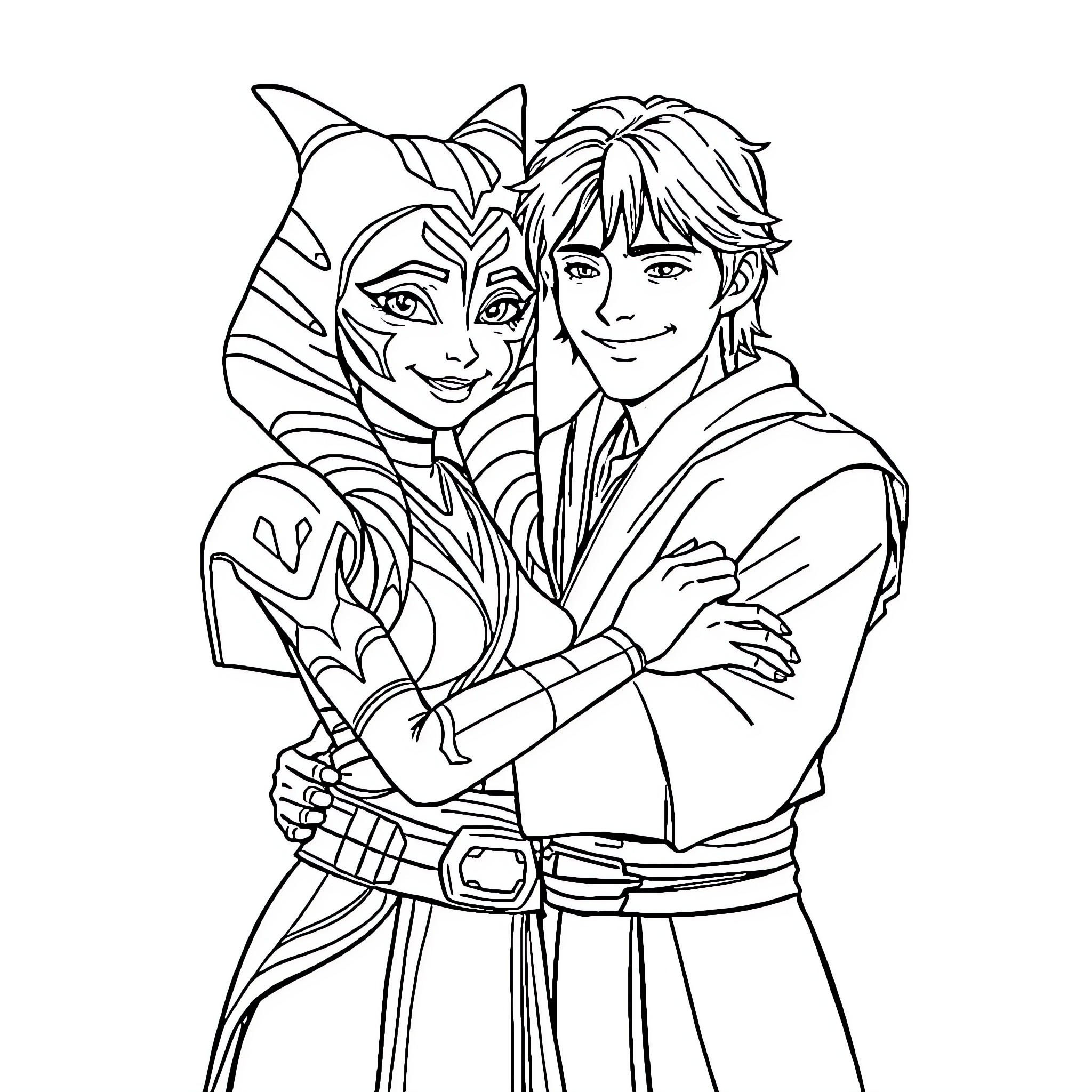 Ahsoka Tano and Anakin Skywalker in an affectionate embrace Coloring Page (free black-and-white line drawing printable PDF for all, from beginners to advanced learners, including children, teens, adults, and seniors)