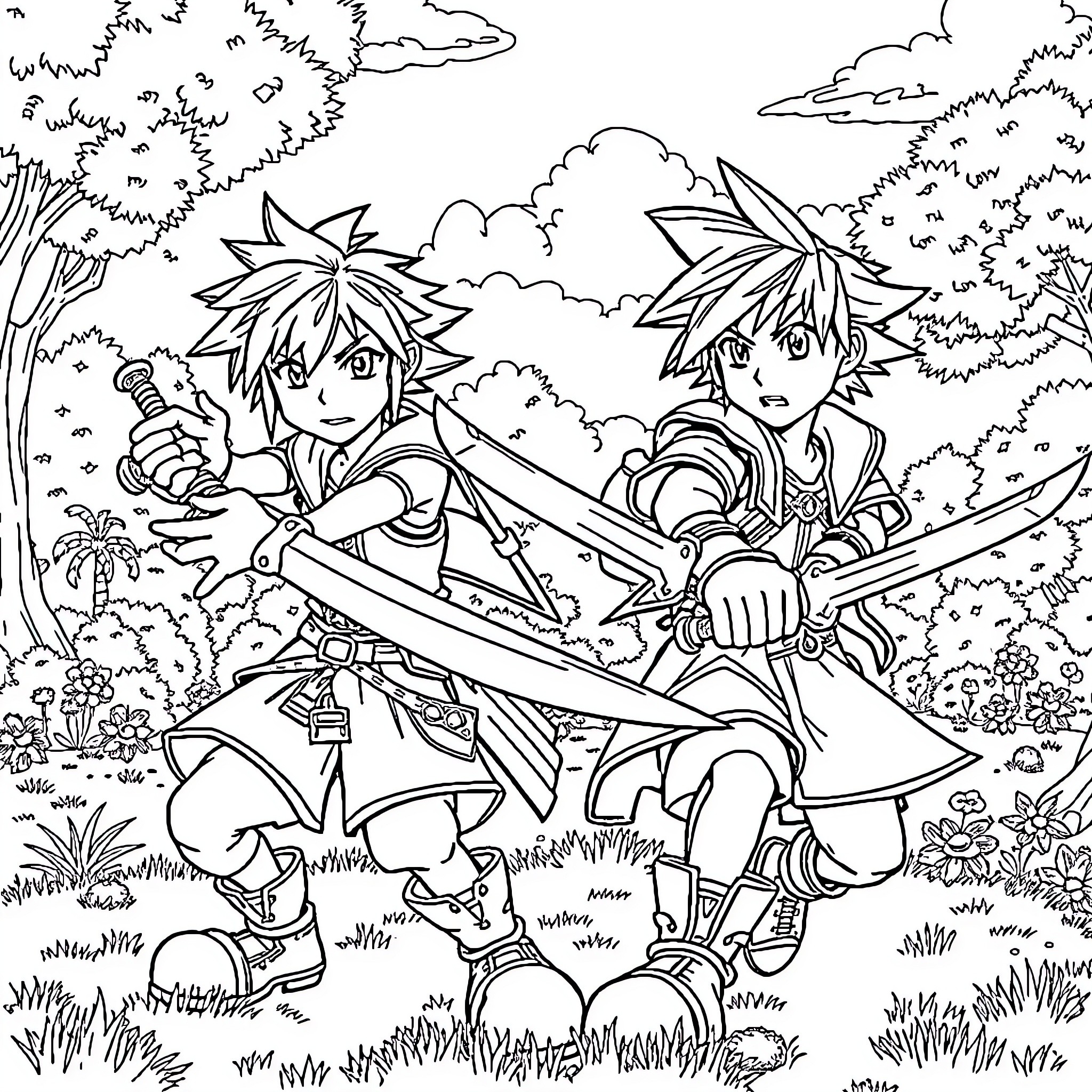Sora and Roxas exploring the enchanted forest Coloring Page (free black-and-white line drawing printable PDF for all, from beginners to advanced learners, including children, teens, adults, and seniors)