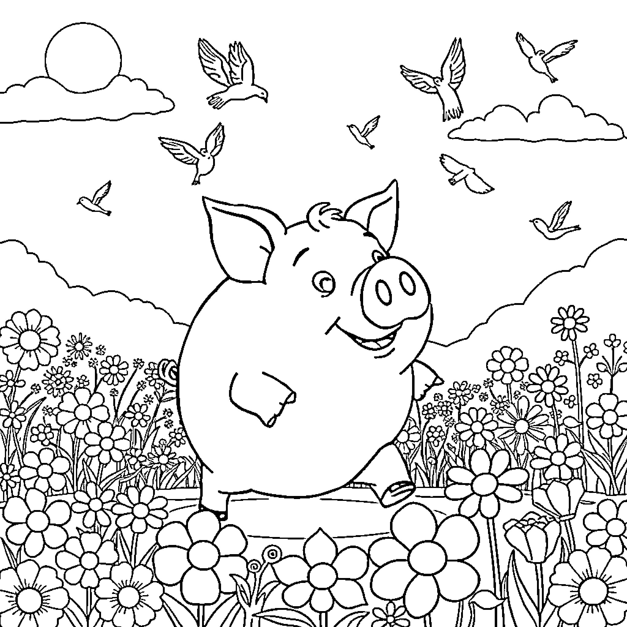 Piggy Bank Playing Happily in Floral Field Coloring Page (free black-and-white line drawing printable PDF for all, from beginners to advanced learners, including children, teens, adults, and seniors)
