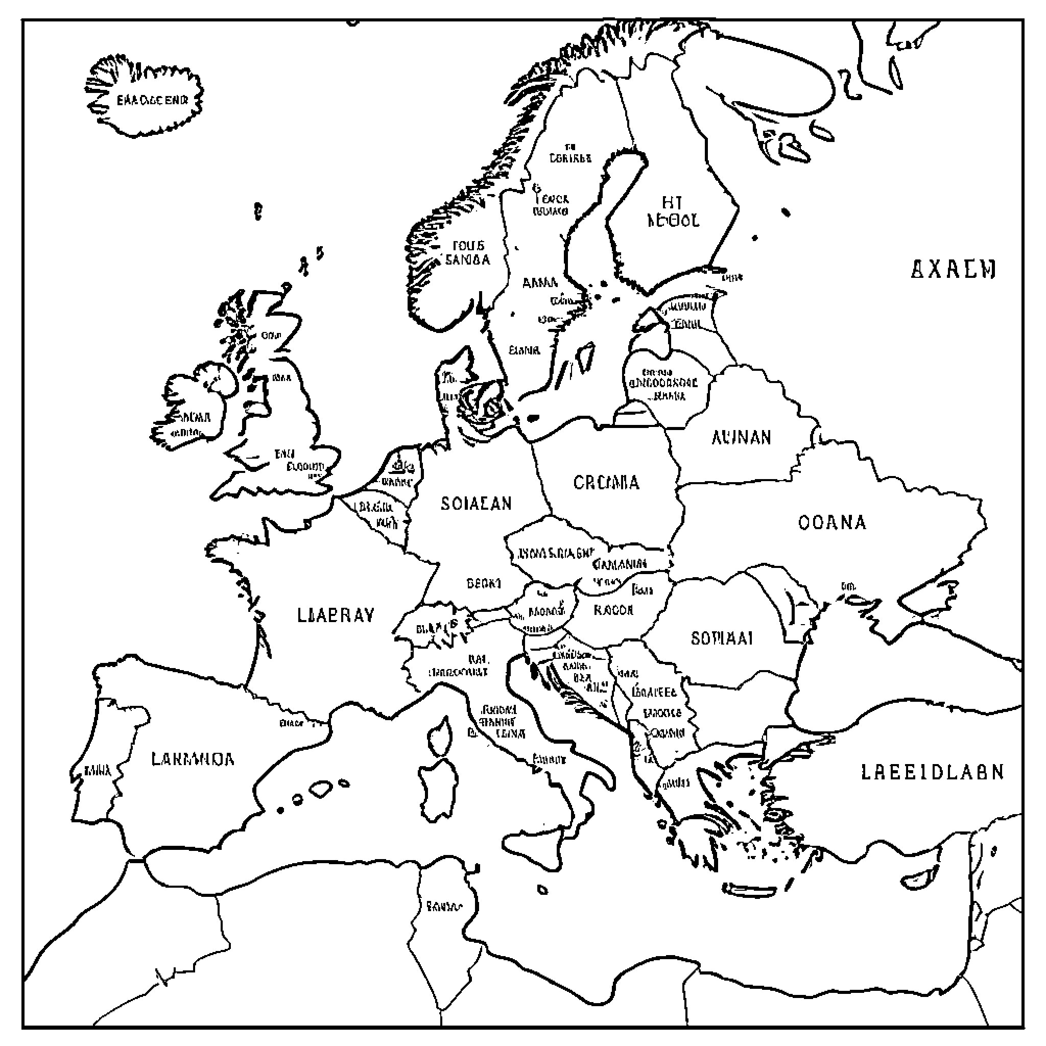 Europe's Geographical Regions and Nations Coloring Page (free black-and-white line drawing printable PDF for all, from beginners to advanced learners, including children, teens, adults, and seniors)