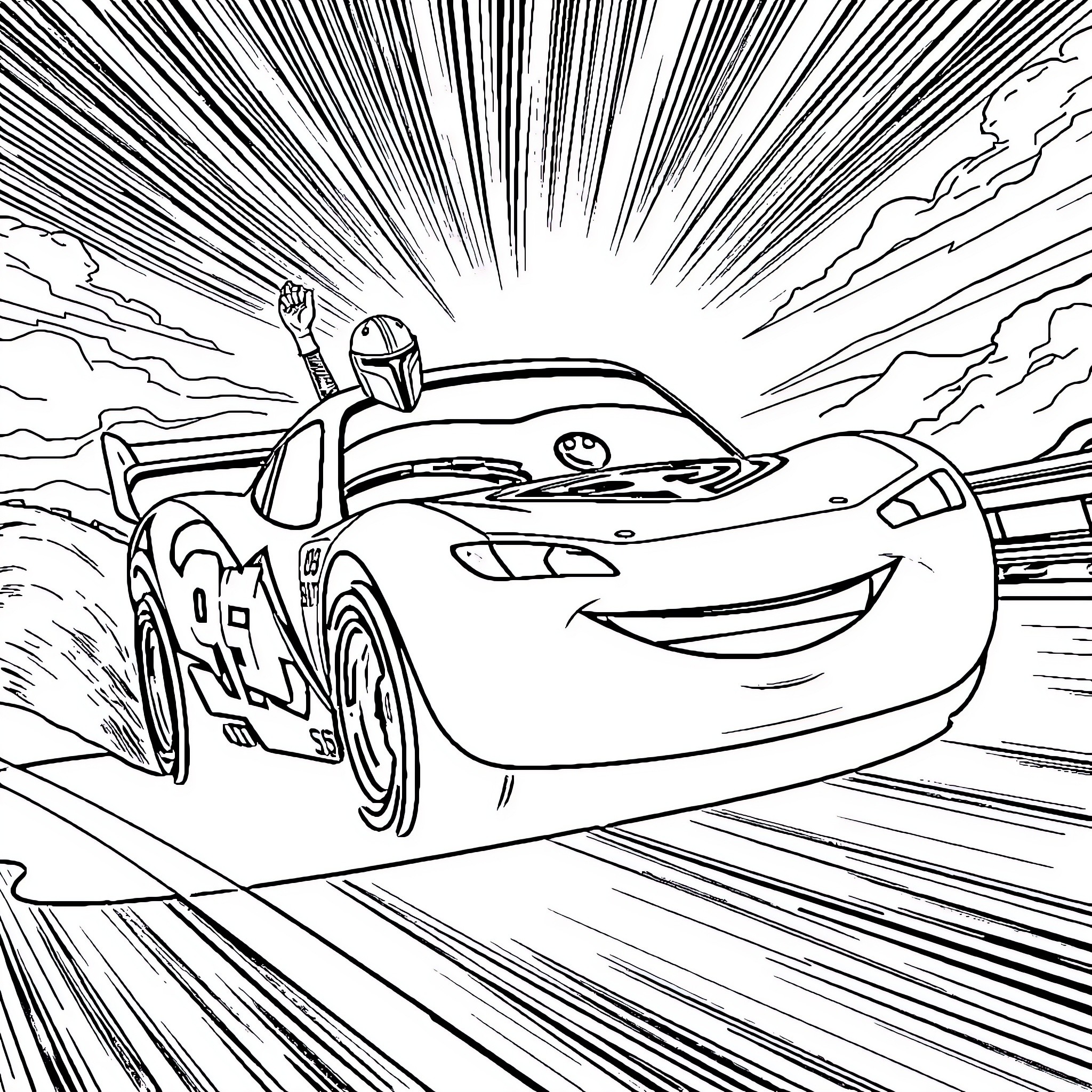 Lightning McQueen speeding through the race track Coloring Page (free black-and-white line drawing printable PDF for all, from beginners to advanced learners, including children, teens, adults, and seniors)