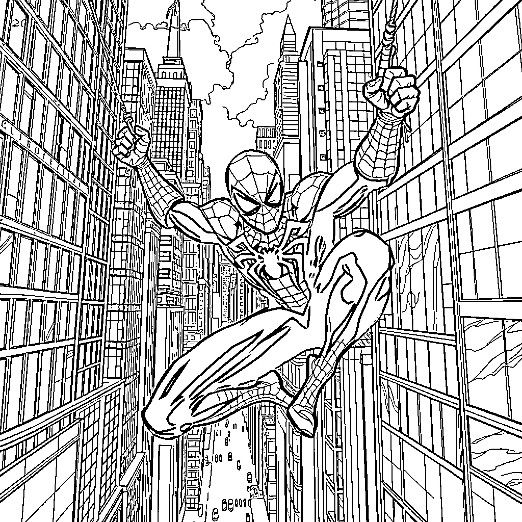 Spiderman Swinging Through the Busy City Coloring Page (free black-and-white line drawing printable PDF for all, from beginners to advanced learners, including children, teens, adults, and seniors)