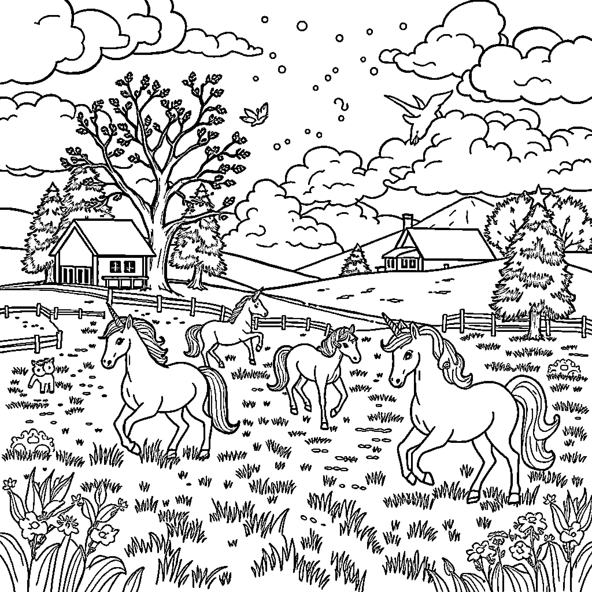 Unicorn Meadow: Horses Frolicking in a Pastoral Landscape Coloring Page (free black-and-white line drawing printable PDF for all, from beginners to advanced learners, including children, teens, adults, and seniors)