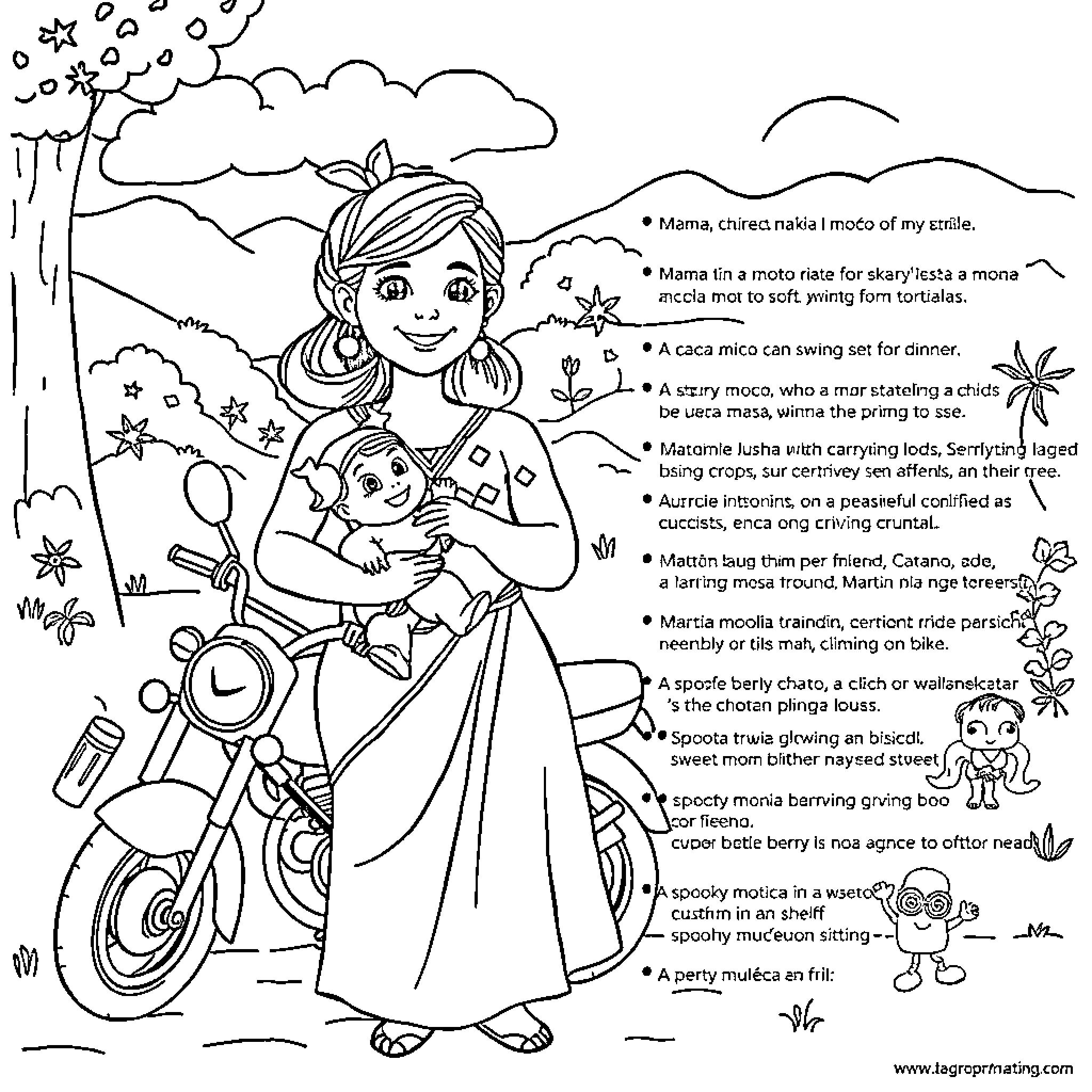 Mama's magical journey with whimsical creatures Coloring Page (free black-and-white line drawing printable PDF for all, from beginners to advanced learners, including children, teens, adults, and seniors)