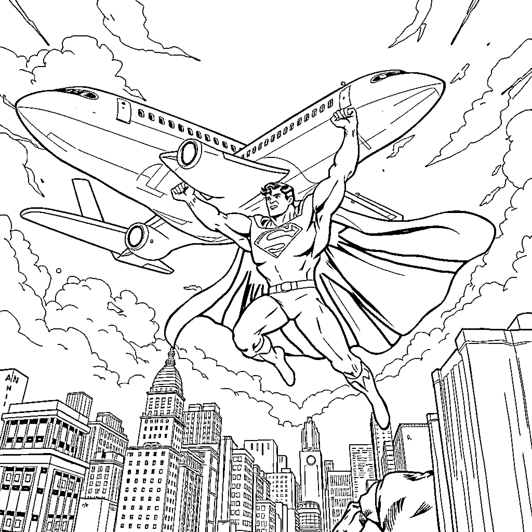 Superman flying heroically over the city Coloring Page (free black-and-white line drawing printable PDF for all, from beginners to advanced learners, including children, teens, adults, and seniors)