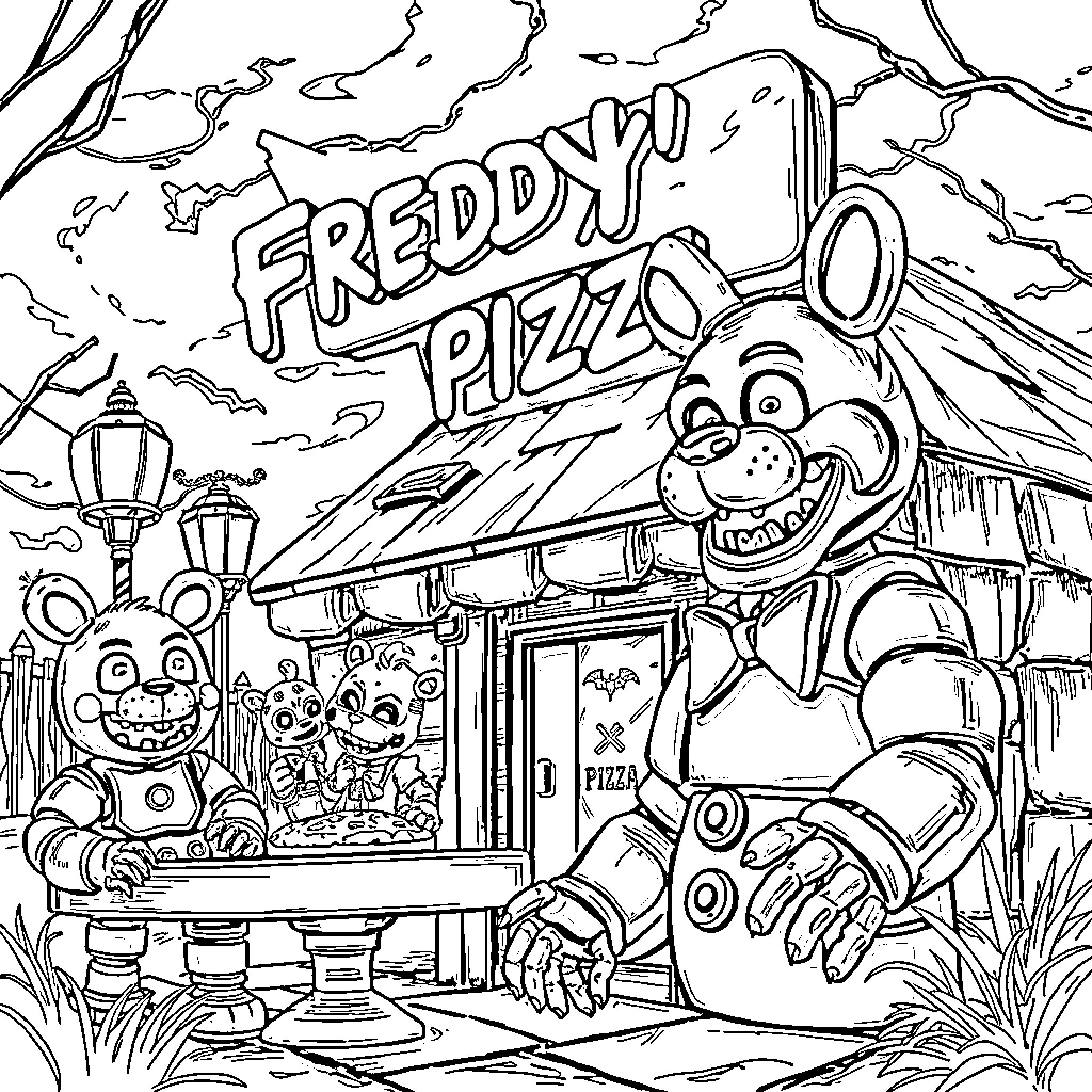 Five Nights At Freddy's: Freddy Fazbear's Pizza Adventures Coloring Page (free black-and-white line drawing printable PDF for all, from beginners to advanced learners, including children, teens, adults, and seniors)
