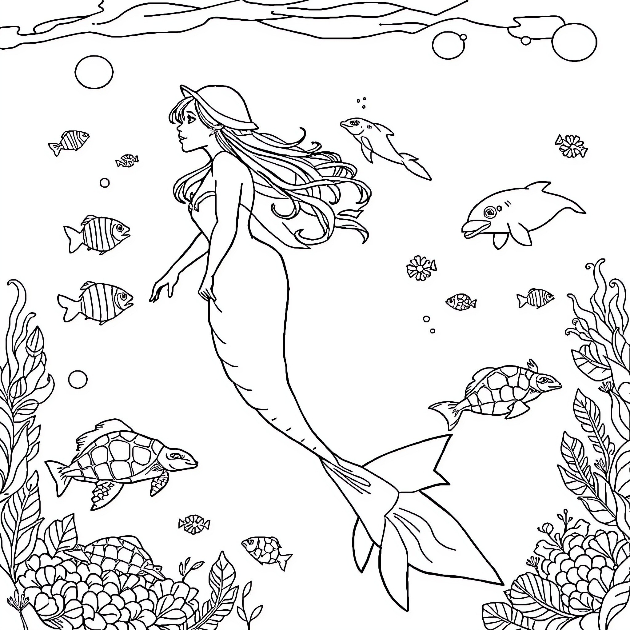 Mermaid swimming among sea creatures Coloring Page (free black-and-white line drawing printable PDF for all, from beginners to advanced learners, including children, teens, adults, and seniors)