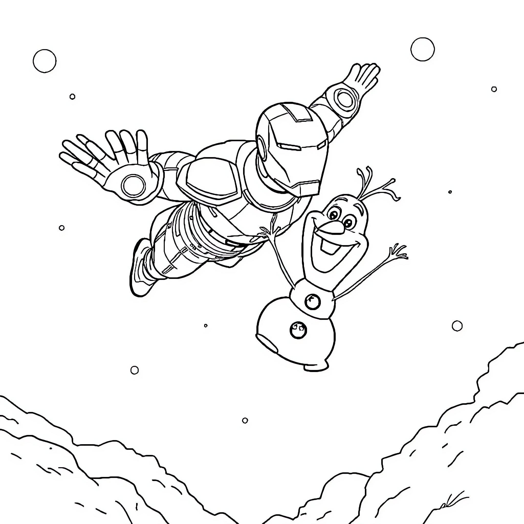 Iron Man soaring with Olaf the Snowman Coloring Page (free black-and-white line drawing printable PDF for all, from beginners to advanced learners, including children, teens, adults, and seniors)