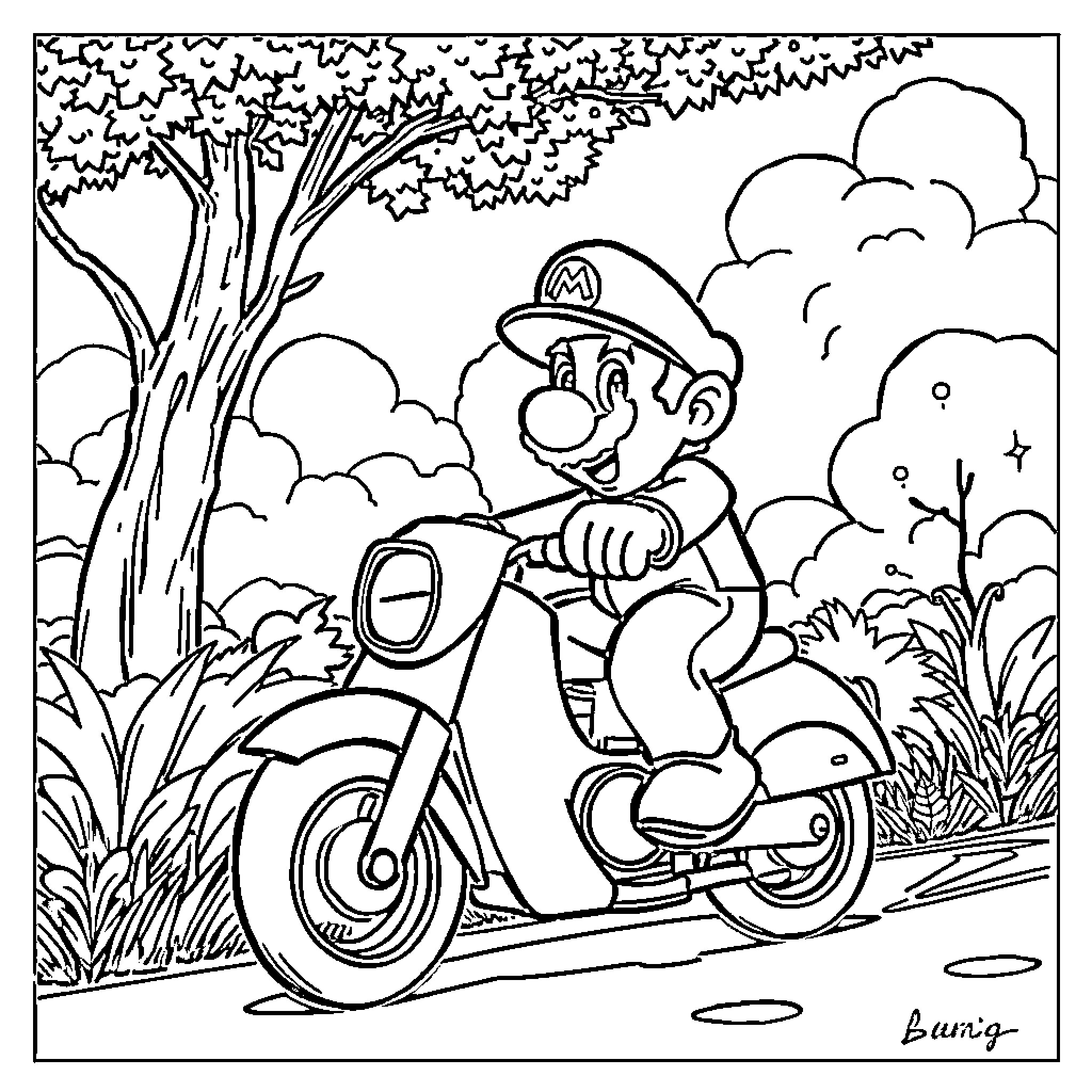 Mario riding his motorcycle in the forest Coloring Page (free black-and-white line drawing printable PDF for all, from beginners to advanced learners, including children, teens, adults, and seniors)