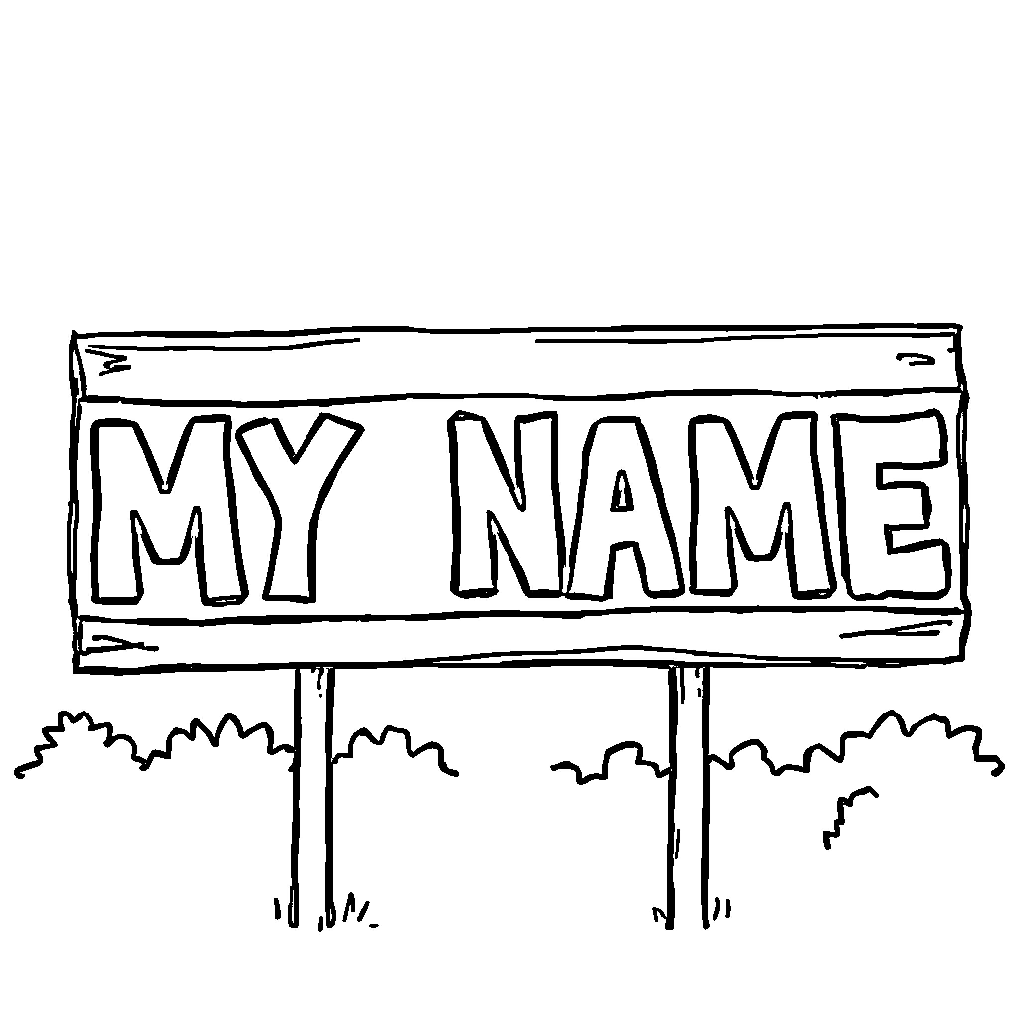 Name displayed on sign in the wilderness Coloring Page (free black-and-white line drawing printable PDF for all, from beginners to advanced learners, including children, teens, adults, and seniors)