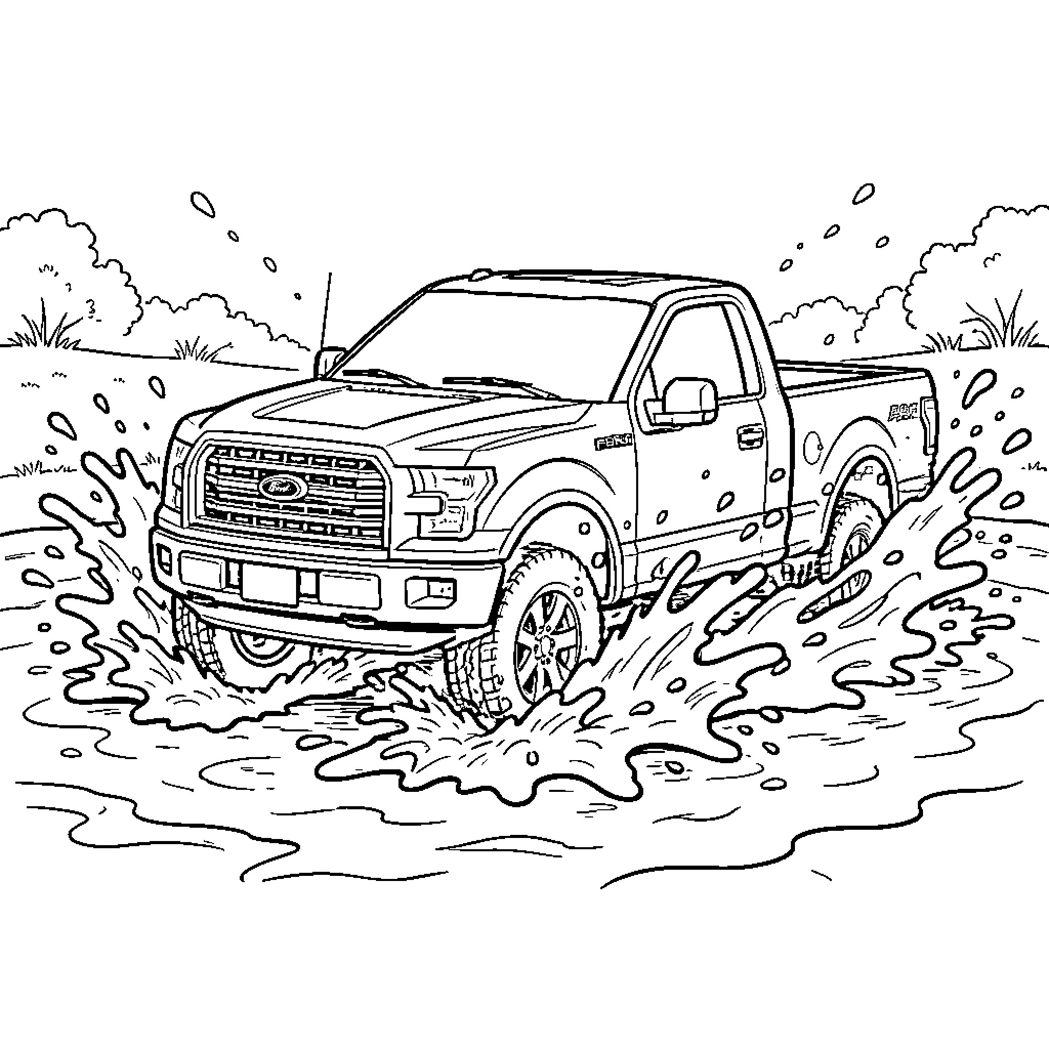 Ford F150 driving through splashing water Coloring Page (free black-and-white line drawing printable PDF for all, from beginners to advanced learners, including children, teens, adults, and seniors)