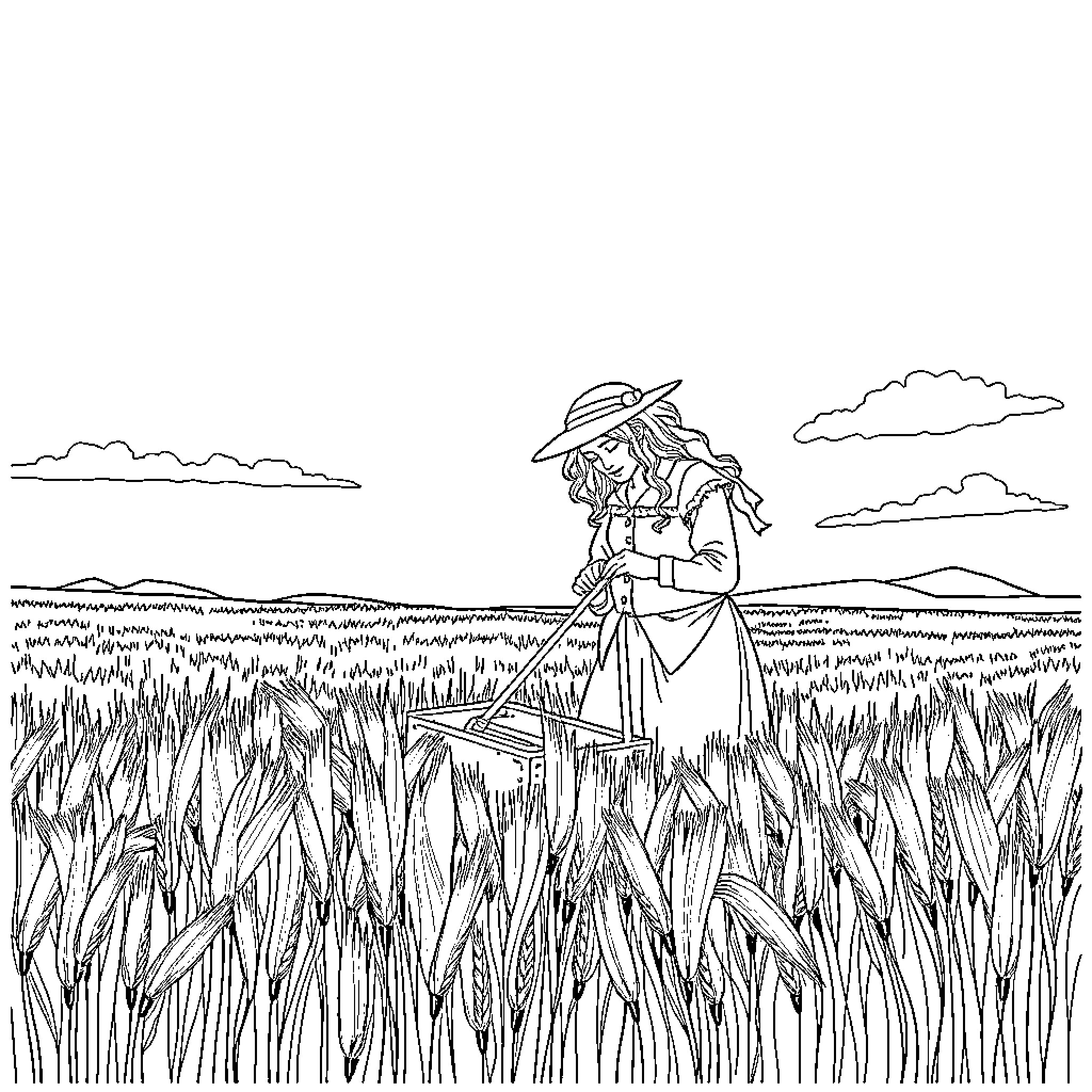 Harvester working diligently in the wheat field Coloring Page (free black-and-white line drawing printable PDF for all, from beginners to advanced learners, including children, teens, adults, and seniors)
