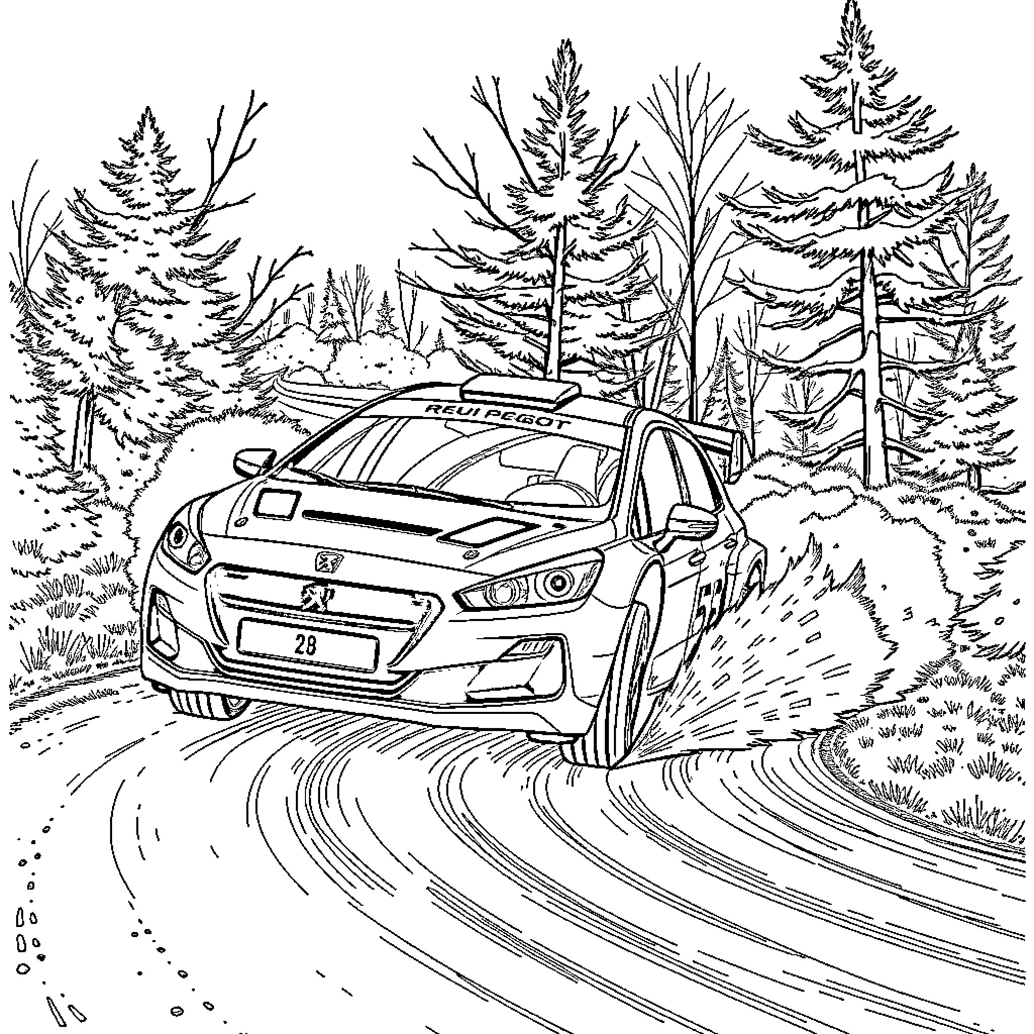 Peugeot racing through a snowy forest Coloring Page (free black-and-white line drawing printable PDF for all, from beginners to advanced learners, including children, teens, adults, and seniors)
