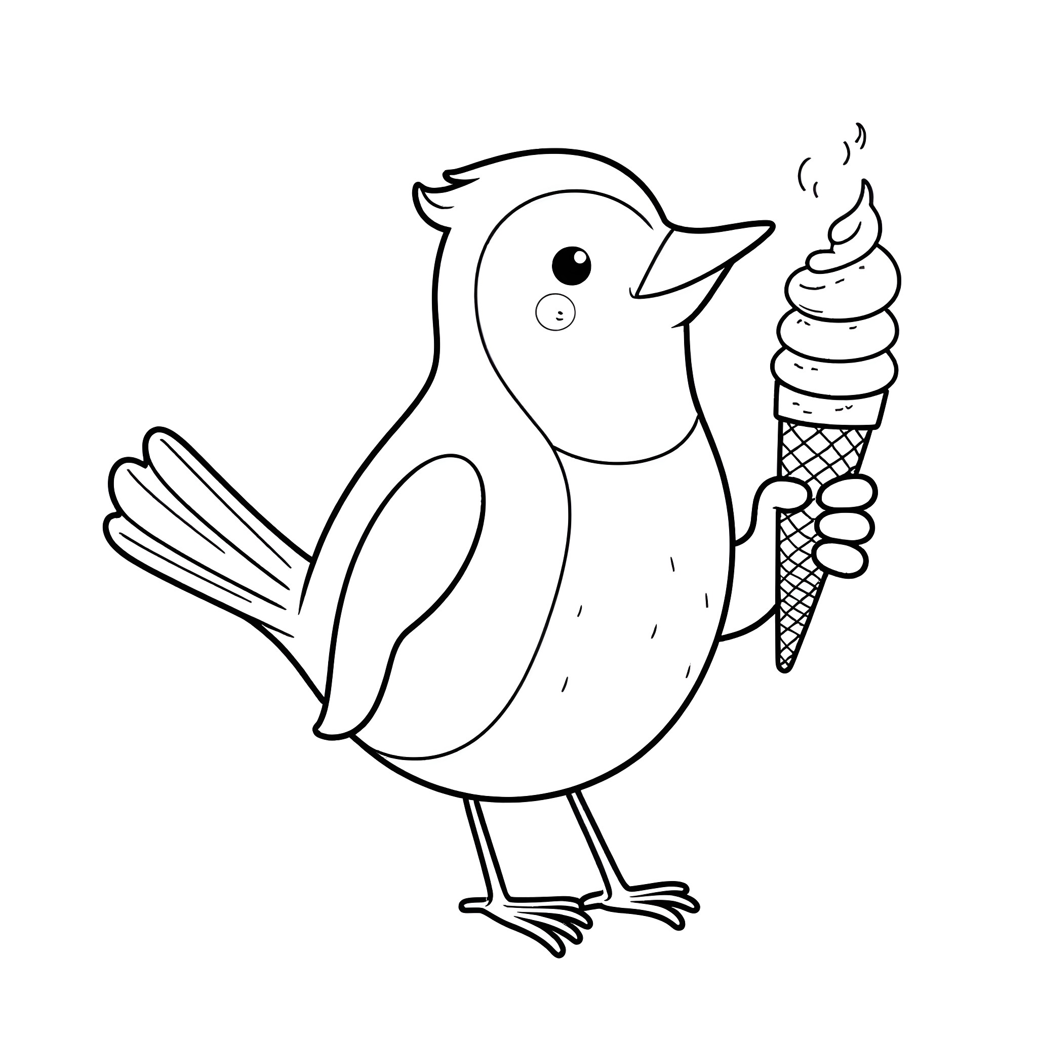 Wren enjoying ice cream on a summer day Coloring Page (free black-and-white line drawing printable PDF for all, from beginners to advanced learners, including children, teens, adults, and seniors)