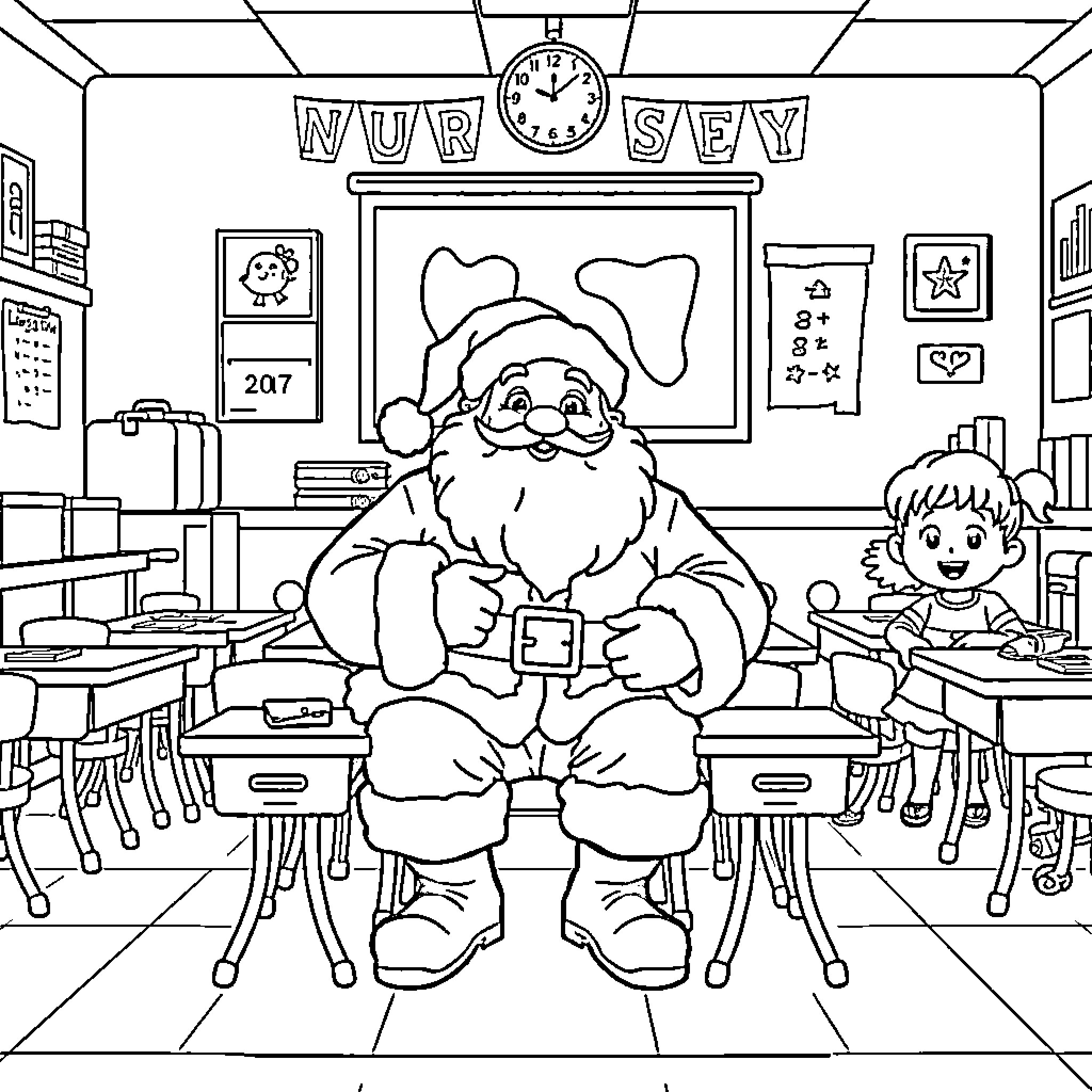 Santa enjoying a break in the school classroom Coloring Page (free black-and-white line drawing printable PDF for all, from beginners to advanced learners, including children, teens, adults, and seniors)