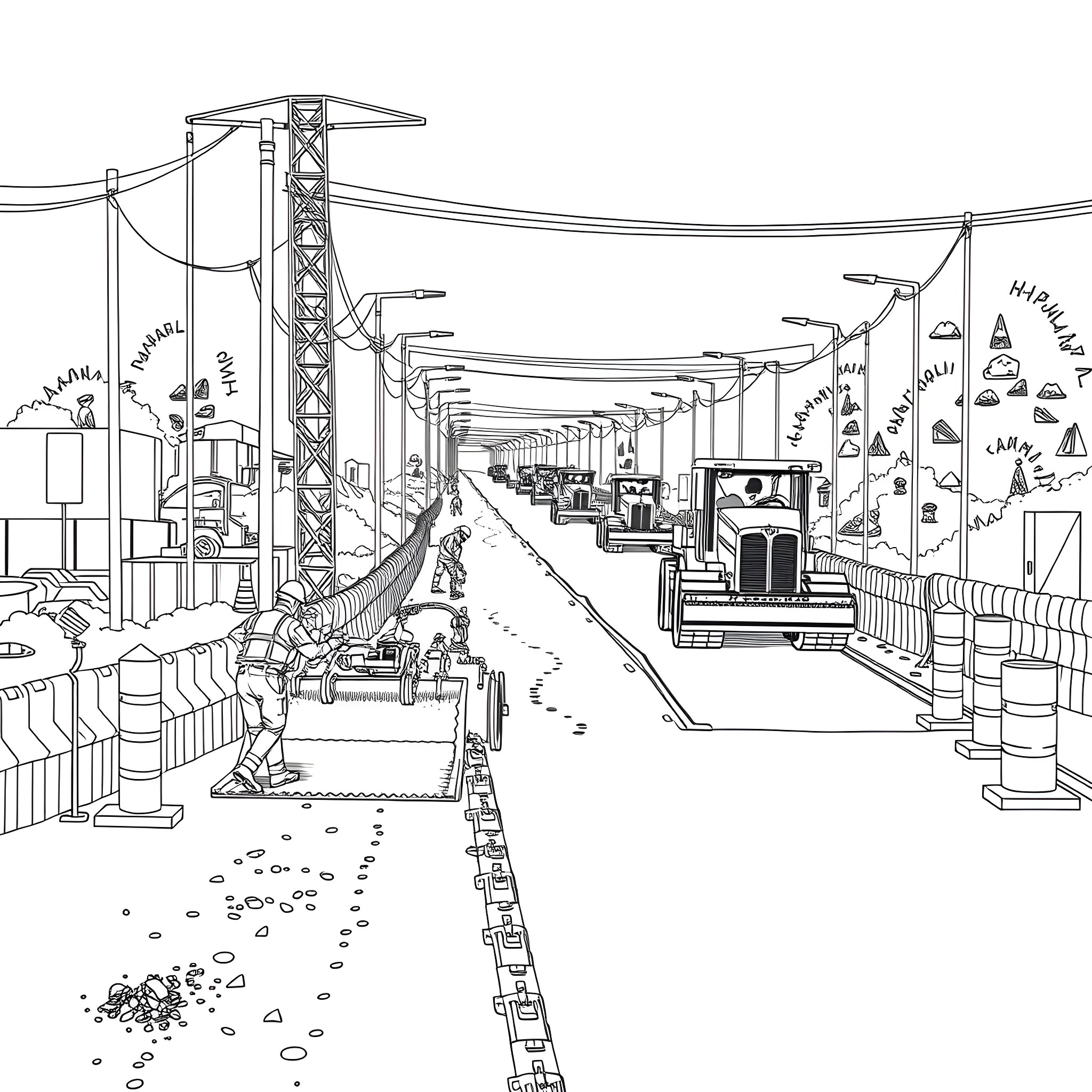 Asphalt construction site with machinery and workers Coloring Page (free black-and-white line drawing printable PDF for all, from beginners to advanced learners, including children, teens, adults, and seniors)