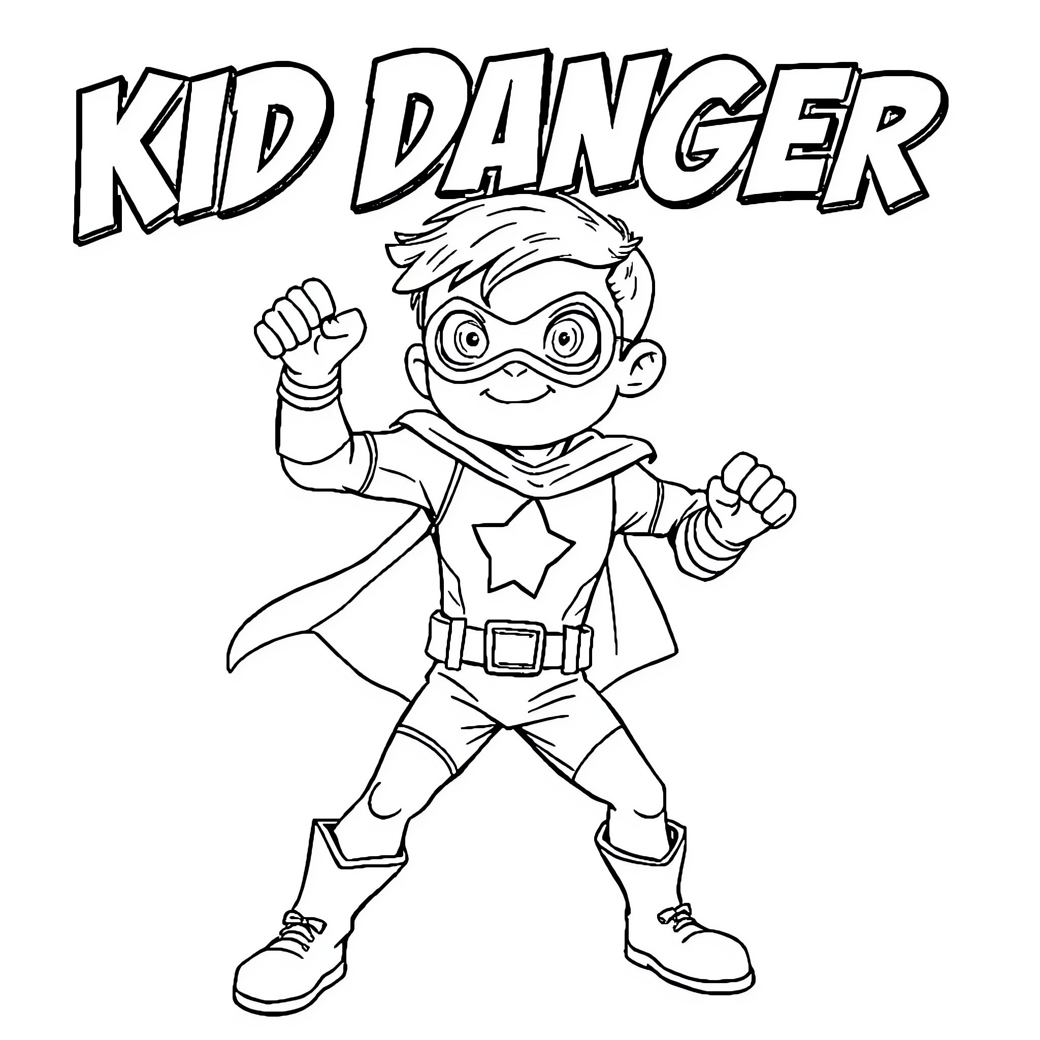 Kid Danger in superhero costume striking a pose Coloring Page (free black-and-white line drawing printable PDF for all, from beginners to advanced learners, including children, teens, adults, and seniors)