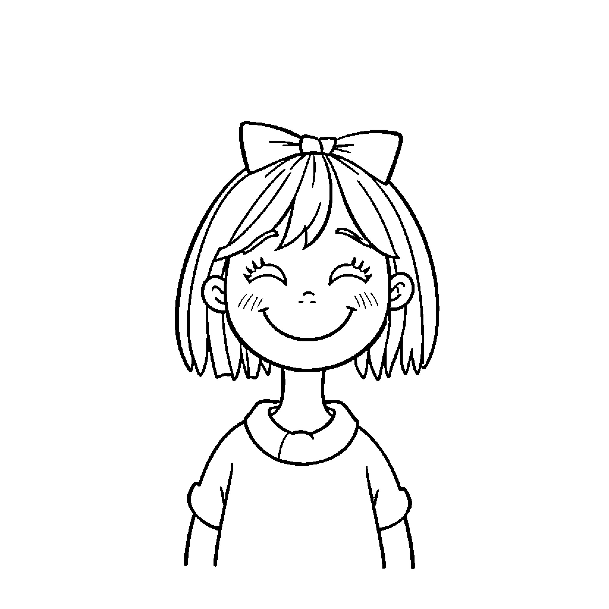Girl with a Bow in Her Hair Coloring Page (free black-and-white line drawing printable PDF for all, from beginners to advanced learners, including children, teens, adults, and seniors)