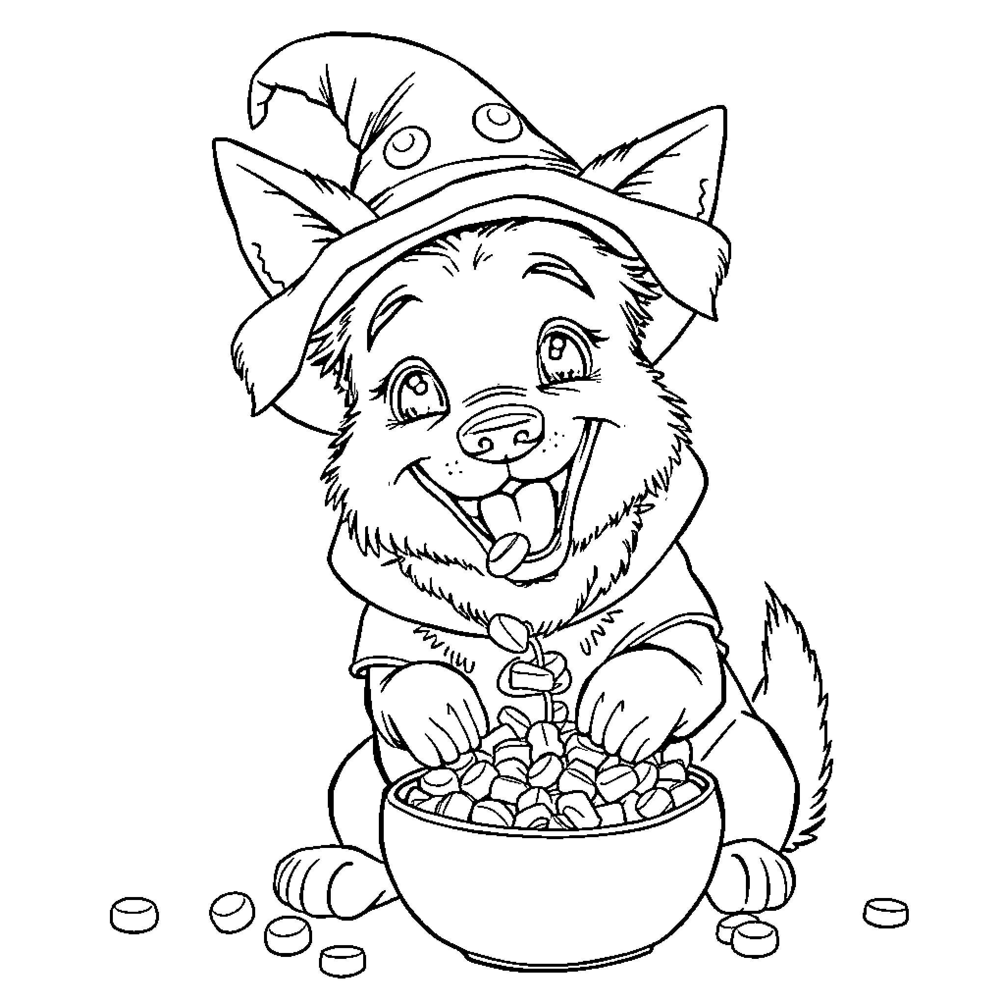Dog enjoying a tasty bowl of treats Coloring Page (free black-and-white line drawing printable PDF for all, from beginners to advanced learners, including children, teens, adults, and seniors)