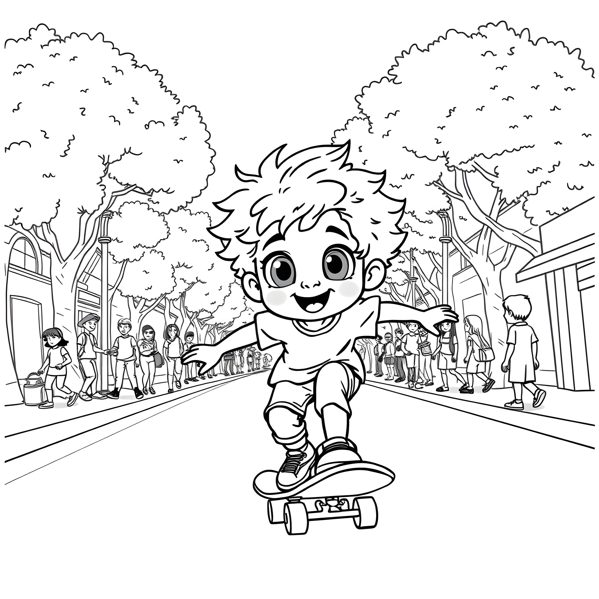 Boy riding skateboard joyfully through city streets Coloring Page (free black-and-white line drawing printable PDF for all, from beginners to advanced learners, including children, teens, adults, and seniors)