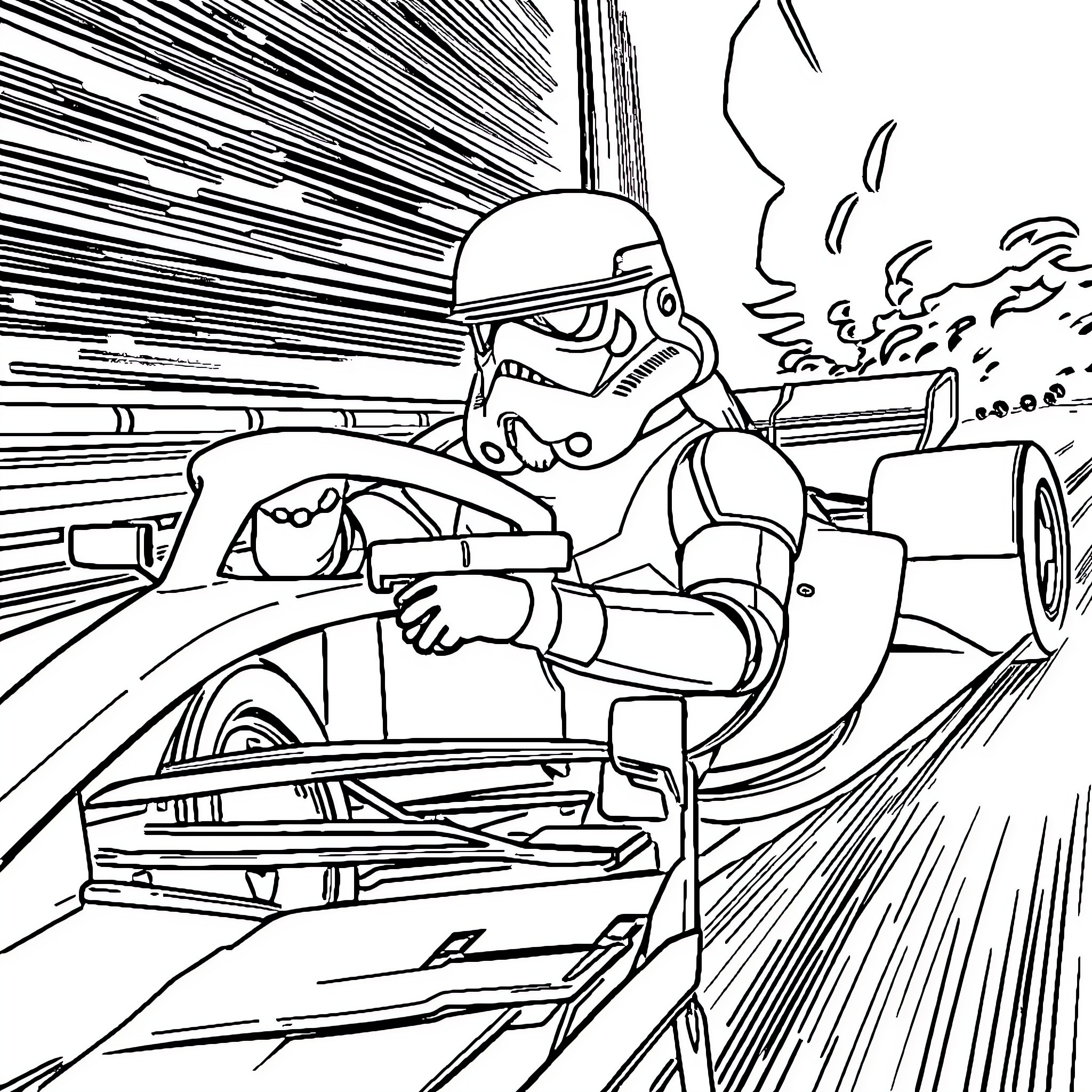 Stormtrooper in action with intense motion and speed Coloring Page (free black-and-white line drawing printable PDF for all, from beginners to advanced learners, including children, teens, adults, and seniors)