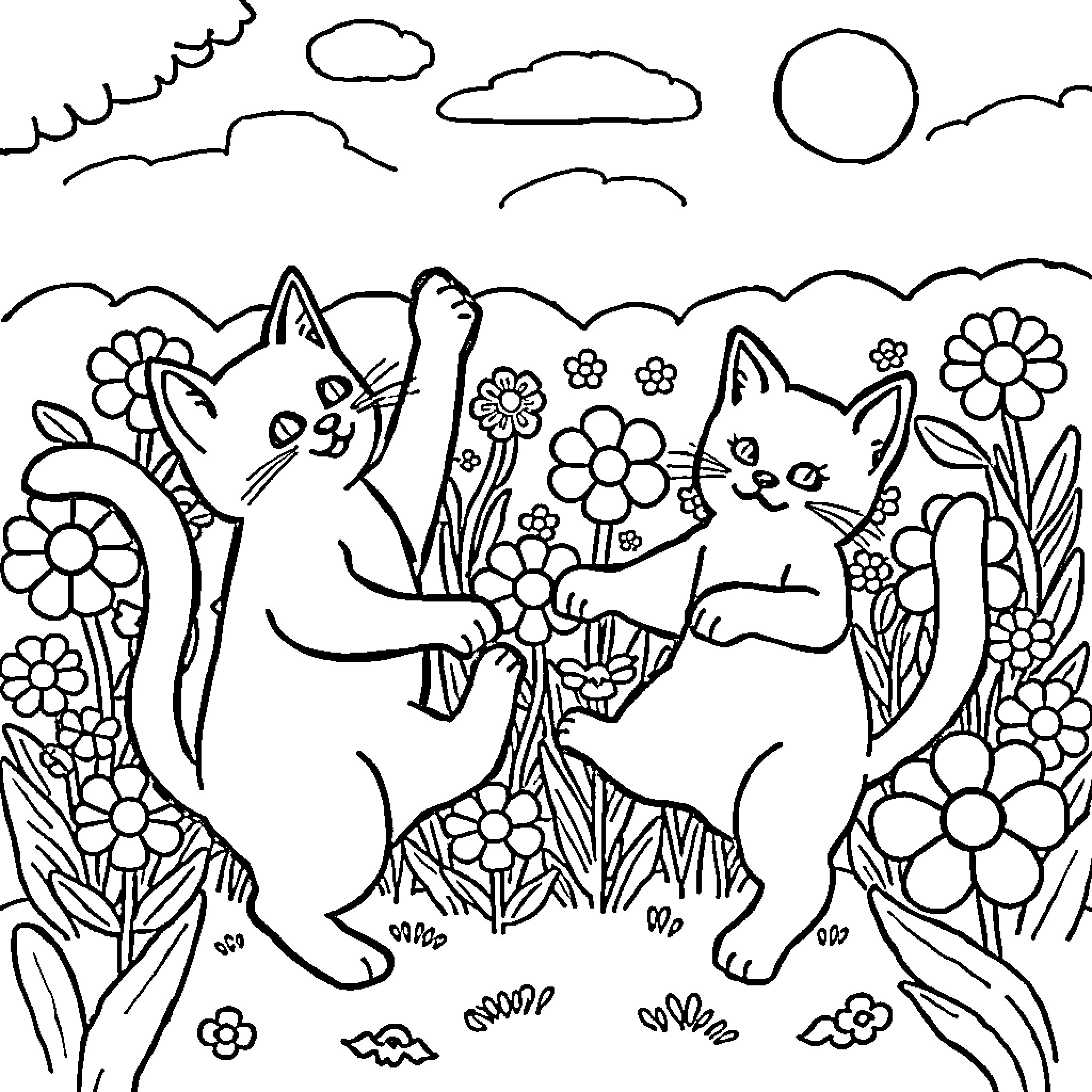 Cats playing happily among flowers in the garden Coloring Page (free black-and-white line drawing printable PDF for all, from beginners to advanced learners, including children, teens, adults, and seniors)