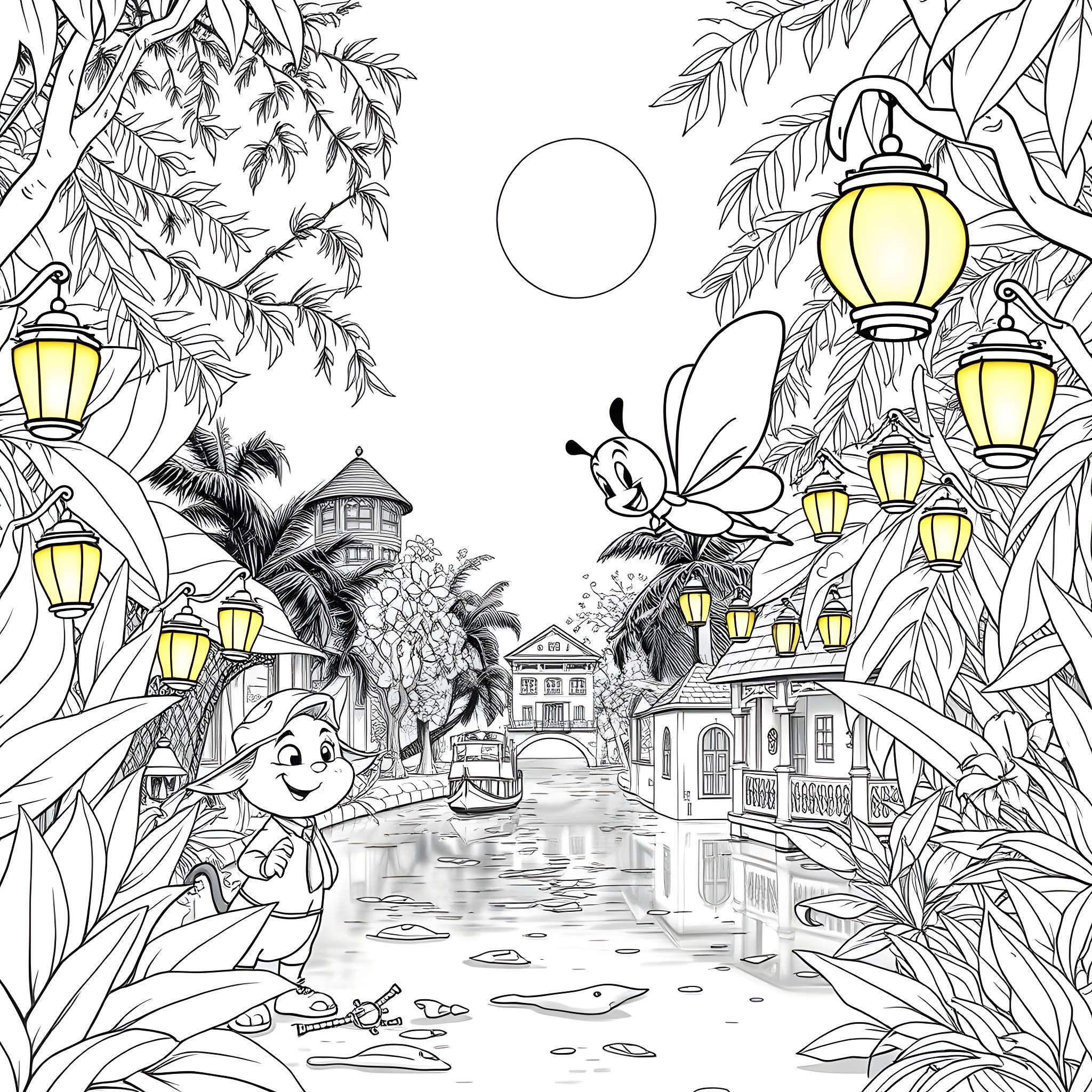 Ray's Enchanting Lantern-Lit Adventure in the Tropical Village Coloring Page (free black-and-white line drawing printable PDF for all, from beginners to advanced learners, including children, teens, adults, and seniors)