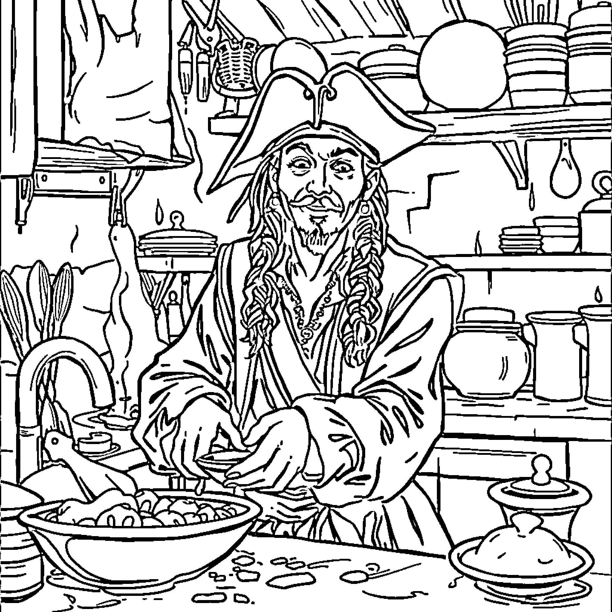 Jack Sparrow Preparing a Meal in His Ship's Cabin Coloring Page (free black-and-white line drawing printable PDF for all, from beginners to advanced learners, including children, teens, adults, and seniors)