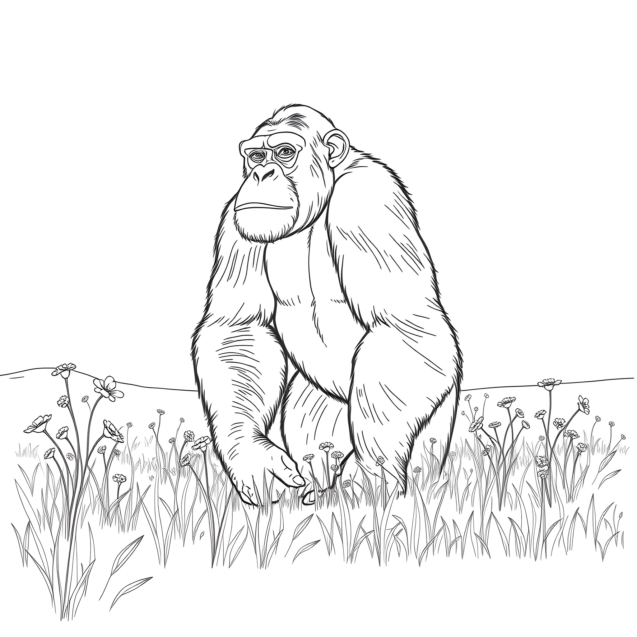 Chimpanzee sitting calmly in a grassy field Coloring Page (free black-and-white line drawing printable PDF for all, from beginners to advanced learners, including children, teens, adults, and seniors)