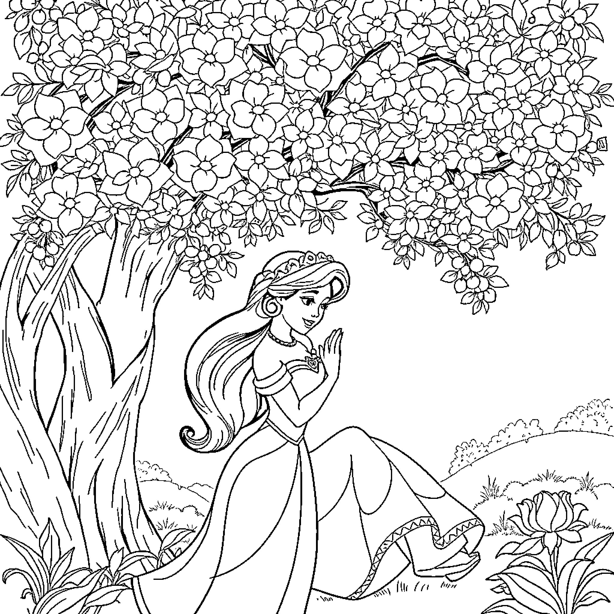 Princess enjoying nature's beauty in flowery garden Coloring Page (free black-and-white line drawing printable PDF for all, from beginners to advanced learners, including children, teens, adults, and seniors)