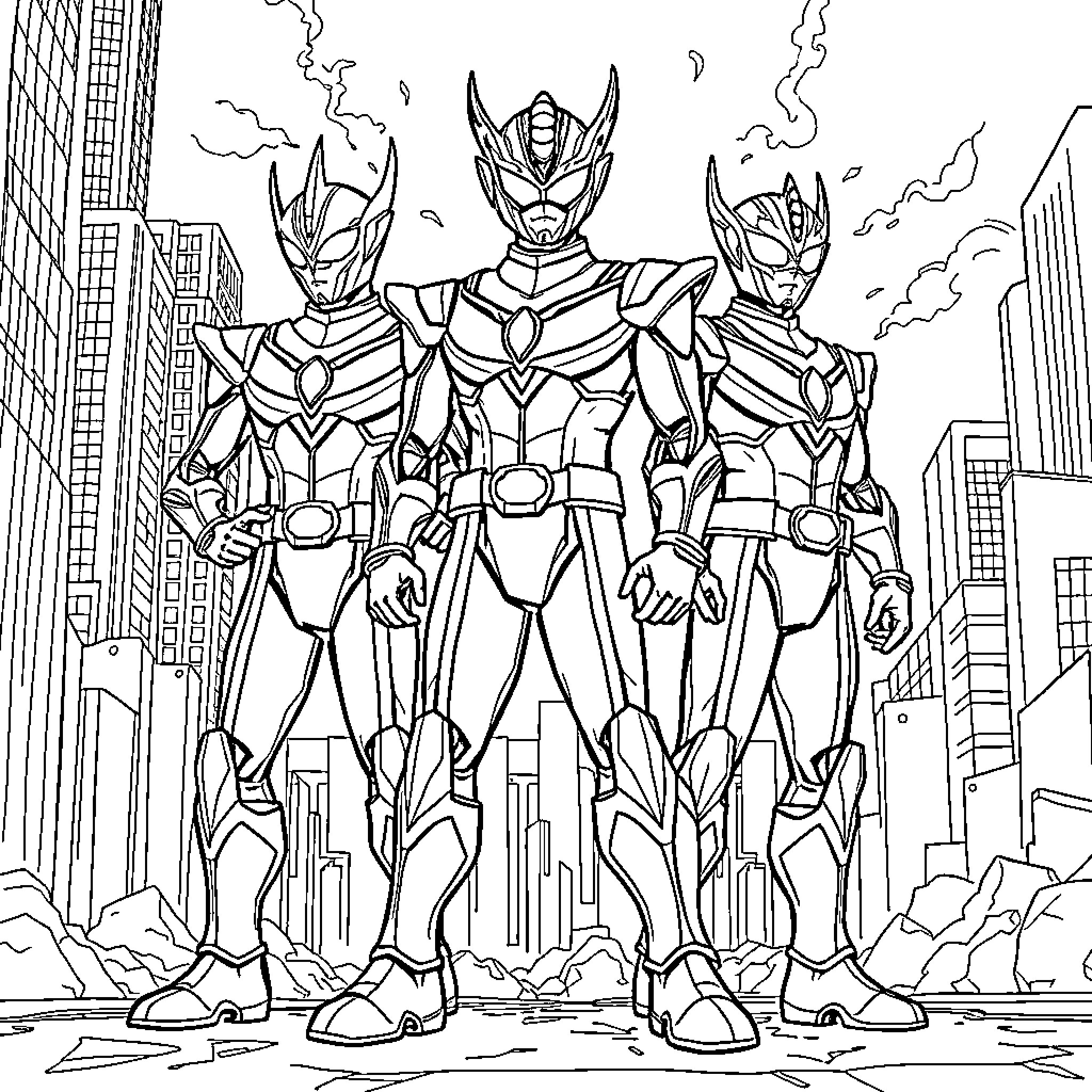 Ultraman heroes standing in heroic pose against city skyline Coloring Page (free black-and-white line drawing printable PDF for all, from beginners to advanced learners, including children, teens, adults, and seniors)