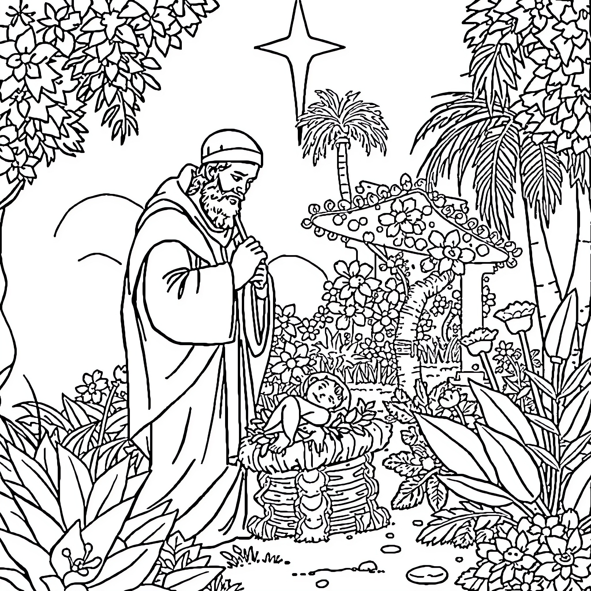 Santo Antônio visiting the newborn Jesus in the manger Coloring Page (free black-and-white line drawing printable PDF for all, from beginners to advanced learners, including children, teens, adults, and seniors)