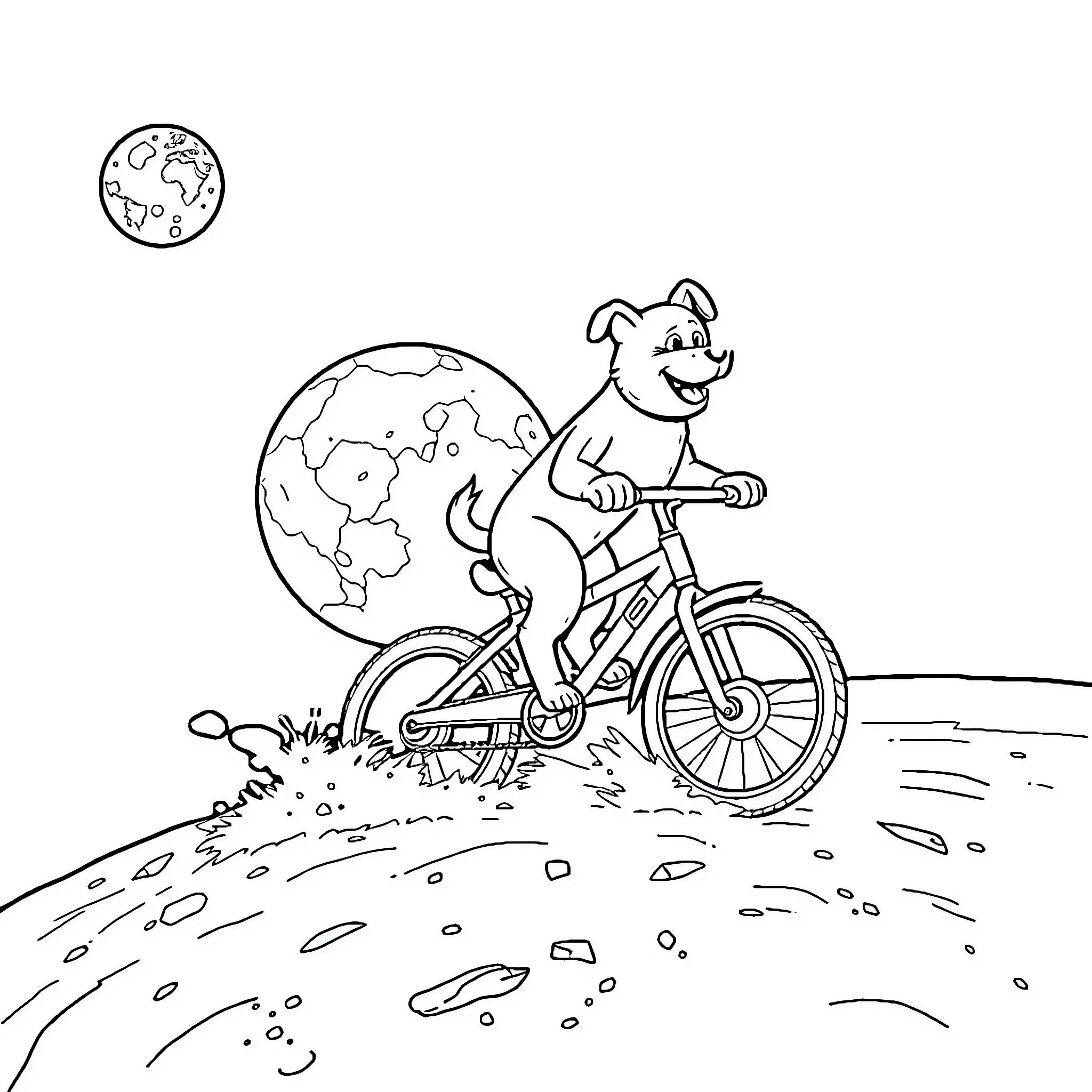 Dog riding bicycle around the world Coloring Page (free black-and-white line drawing printable PDF for all, from beginners to advanced learners, including children, teens, adults, and seniors)