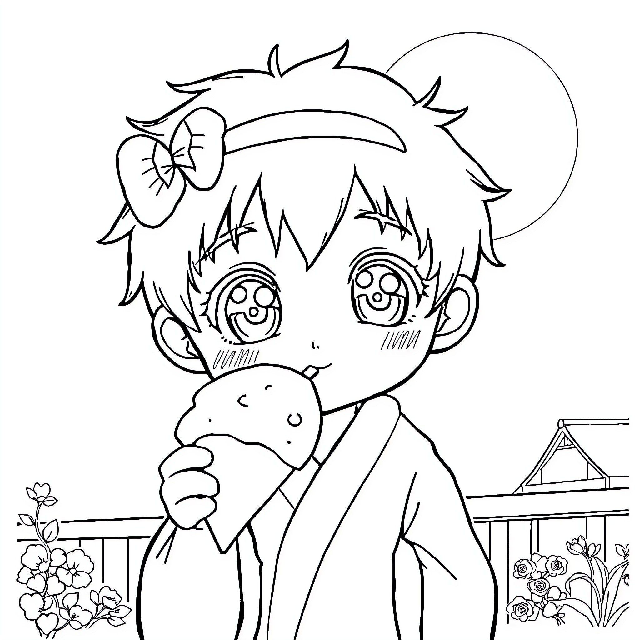 Personnage féminin jouant avec un animal de compagnie dans un jardin Coloring Page (free black-and-white line drawing printable PDF for all, from beginners to advanced learners, including children, teens, adults, and seniors)