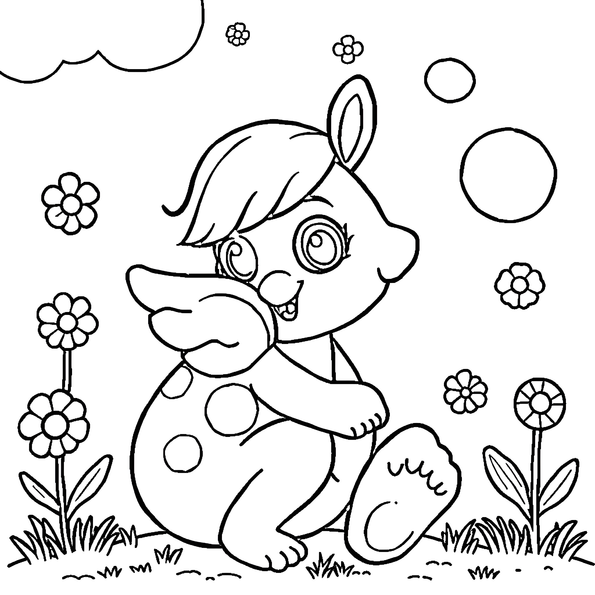 Learning playful critter in a floral scene Coloring Page (free black-and-white line drawing printable PDF for all, from beginners to advanced learners, including children, teens, adults, and seniors)