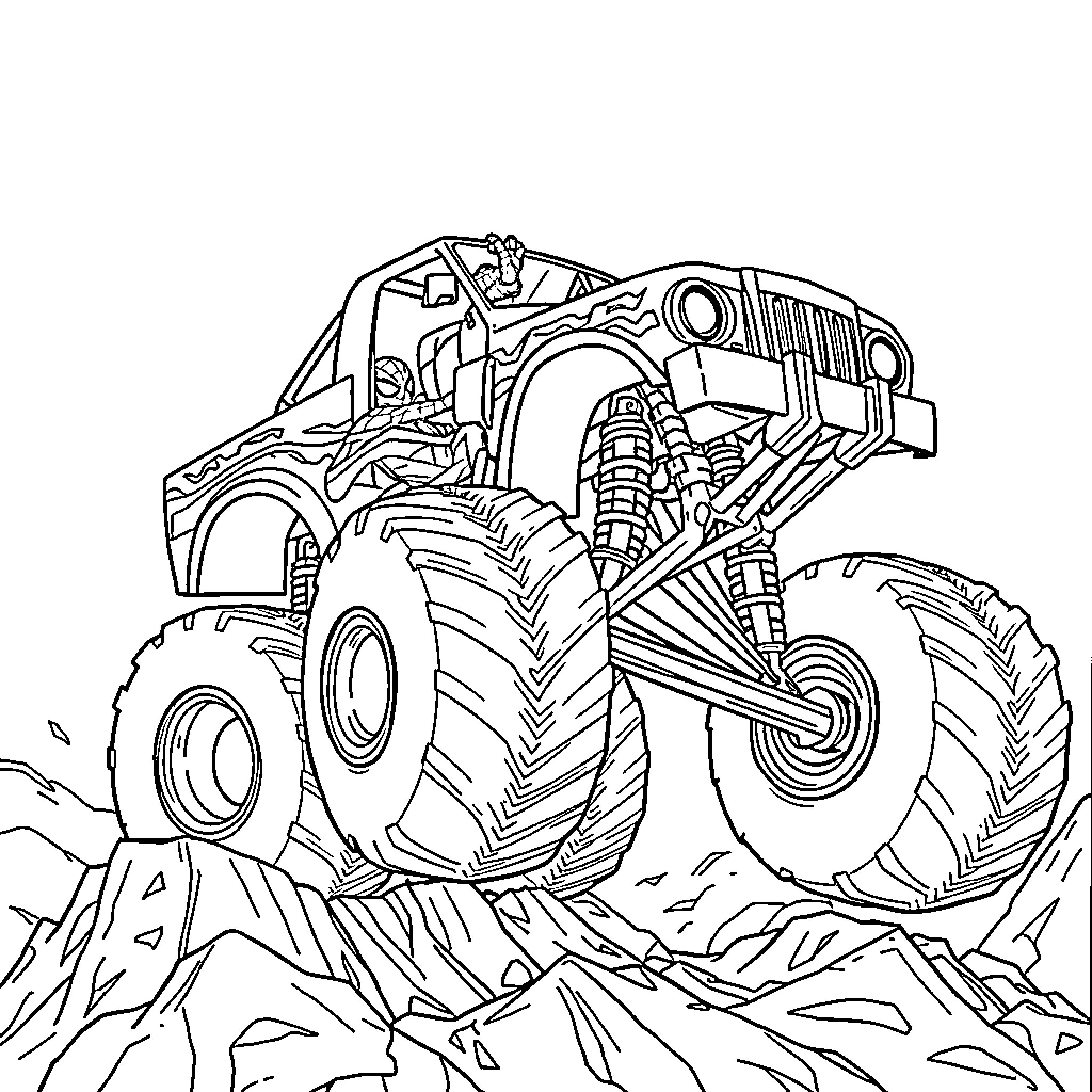 Spiderman driving a monster truck over rough terrain Coloring Page (free black-and-white line drawing printable PDF for all, from beginners to advanced learners, including children, teens, adults, and seniors)