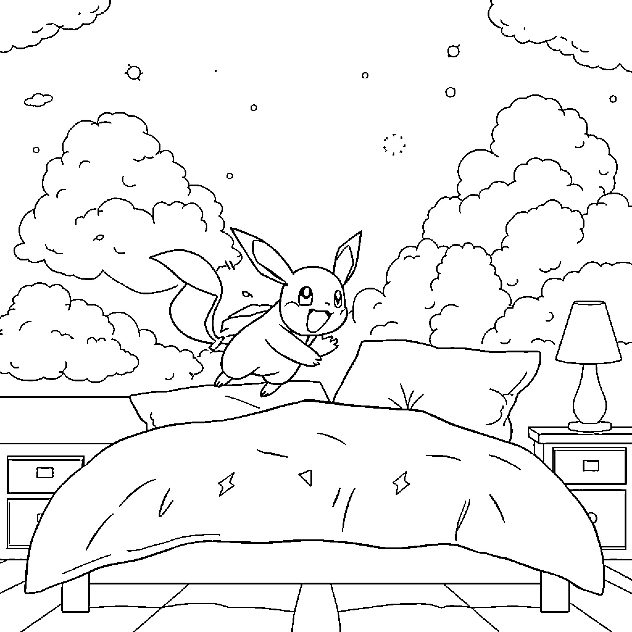 Pokémon character exploring a cozy bedroom scene Coloring Page (free black-and-white line drawing printable PDF for all, from beginners to advanced learners, including children, teens, adults, and seniors)