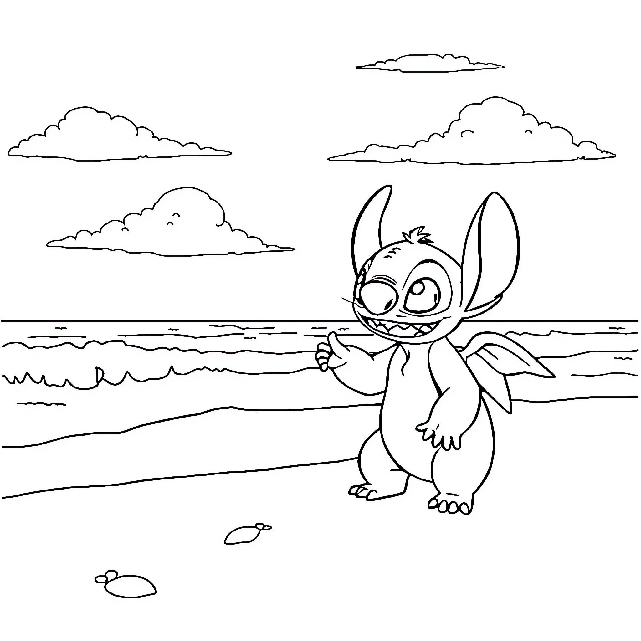 Stitch enjoying a day at the beach Coloring Page (free black-and-white line drawing printable PDF for all, from beginners to advanced learners, including children, teens, adults, and seniors)