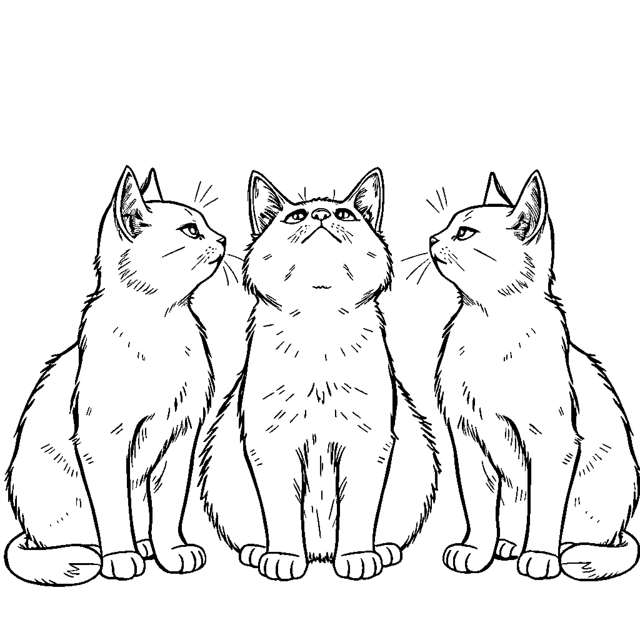 Cats Sitting Together Coloring Page (free black-and-white line drawing printable PDF for all, from beginners to advanced learners, including children, teens, adults, and seniors)