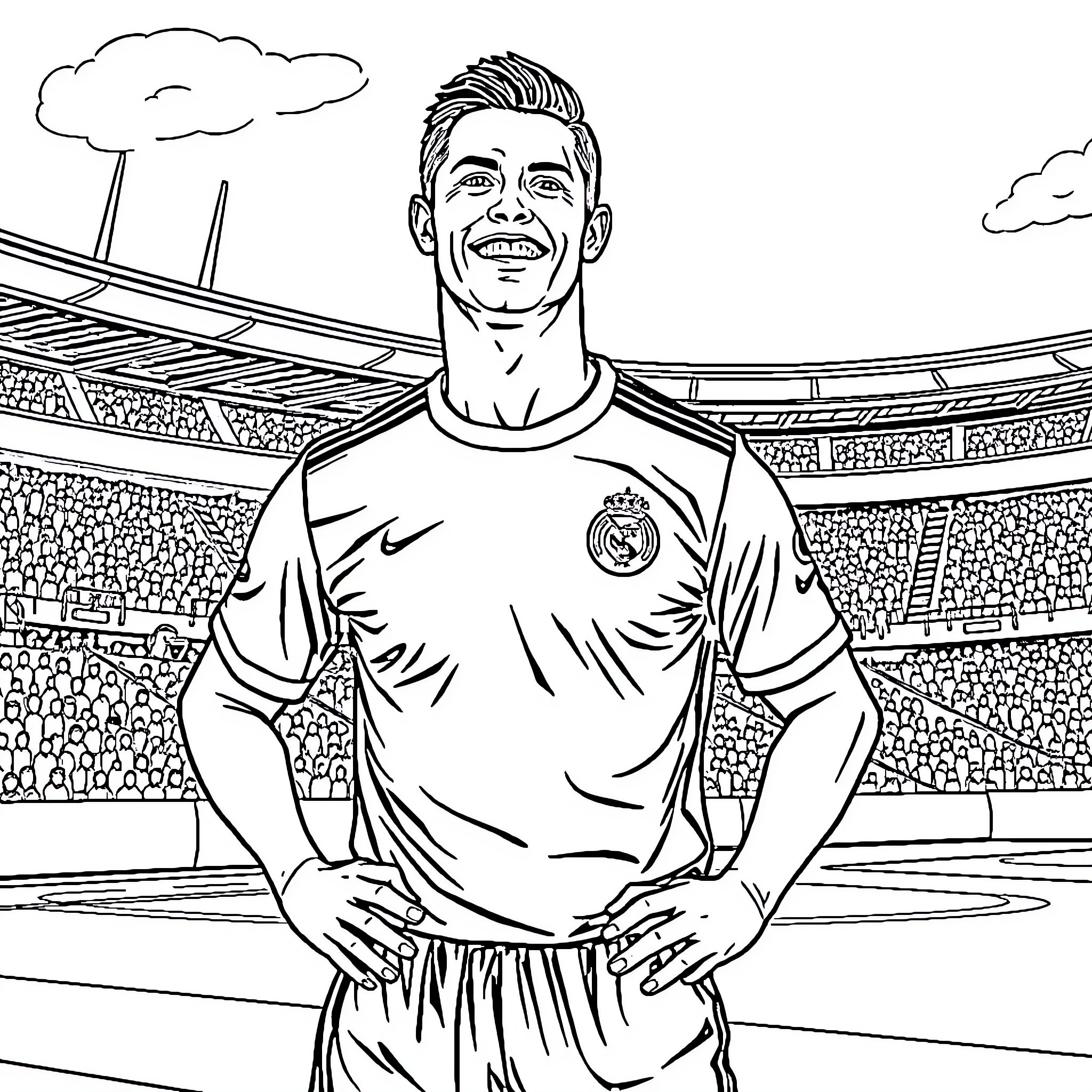 Cristiano Ronaldo confidently stands in a soccer stadium Coloring Page (free black-and-white line drawing printable PDF for all, from beginners to advanced learners, including children, teens, adults, and seniors)