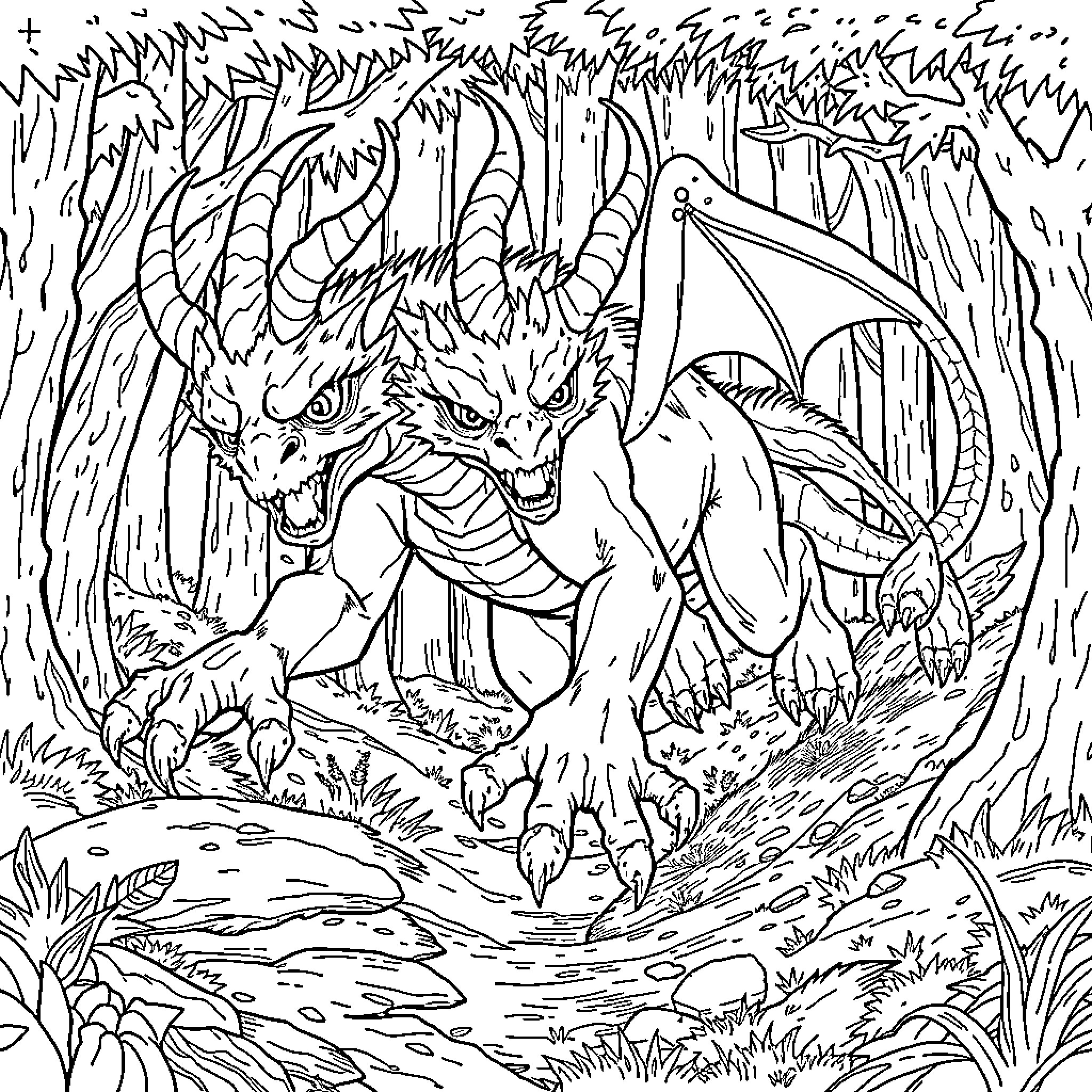 Manticore Unleashes Fierce Roar in Foreboding Forest Coloring Page (free black-and-white line drawing printable PDF for all, from beginners to advanced learners, including children, teens, adults, and seniors)