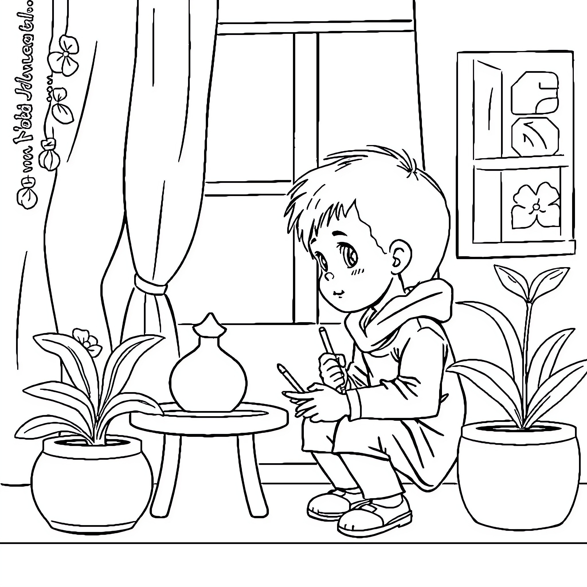 Child drawing in a cozy indoor space Coloring Page (free black-and-white line drawing printable PDF for all, from beginners to advanced learners, including children, teens, adults, and seniors)