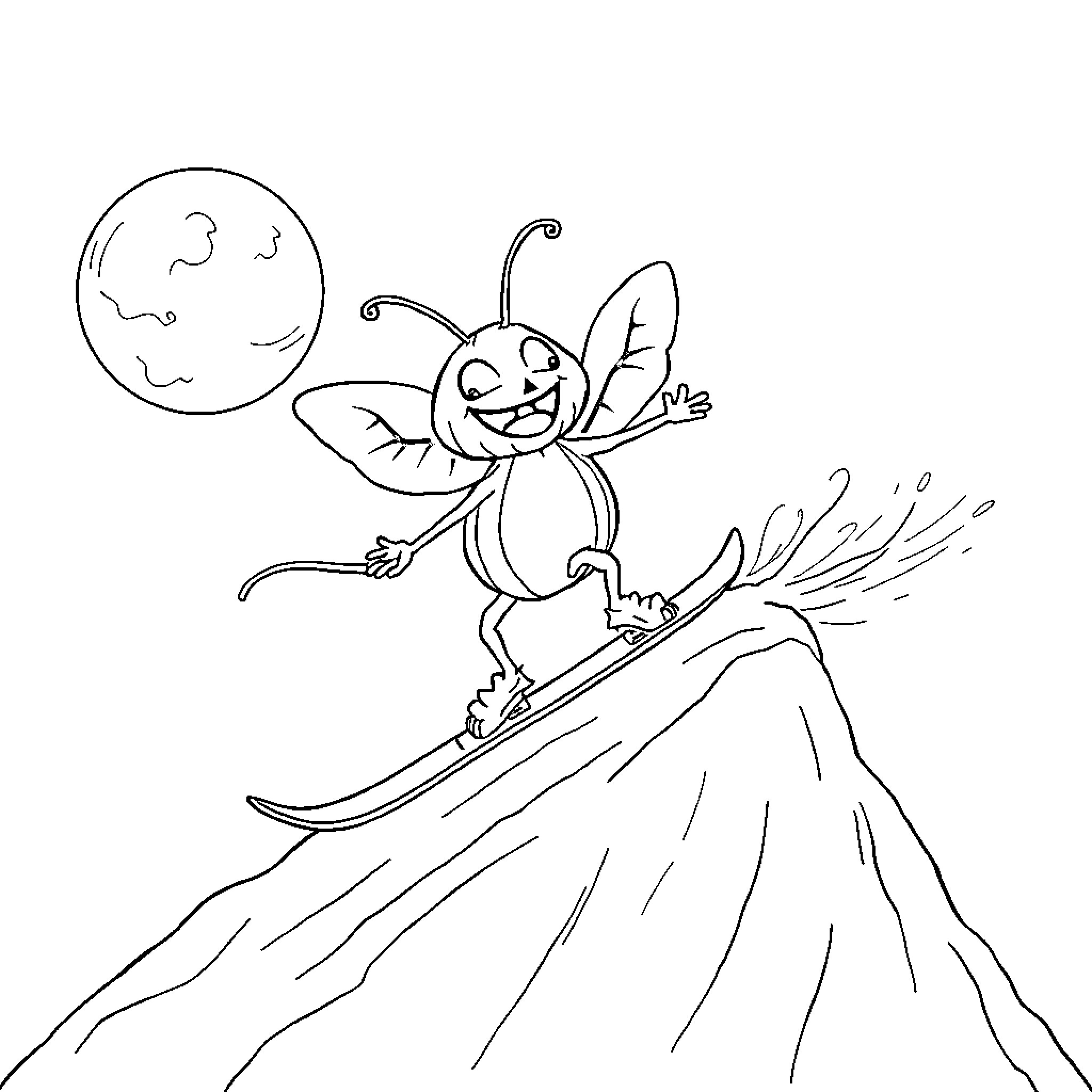 Pumpkin Bug Skiing Down Snowy Hill Coloring Page (free black-and-white line drawing printable PDF for all, from beginners to advanced learners, including children, teens, adults, and seniors)