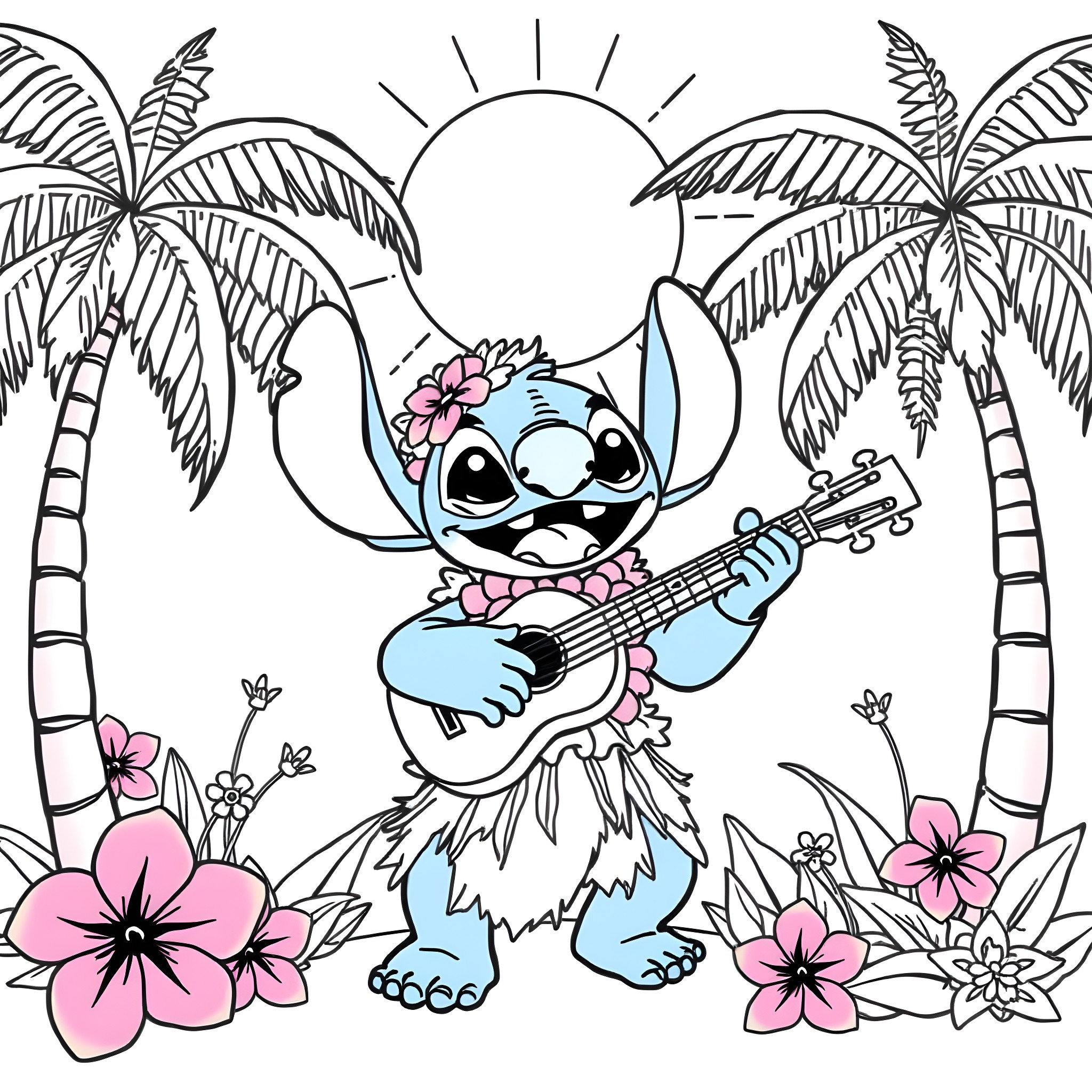 Stitch playing a guitar under the palm trees Coloring Page (free black-and-white line drawing printable PDF for all, from beginners to advanced learners, including children, teens, adults, and seniors)