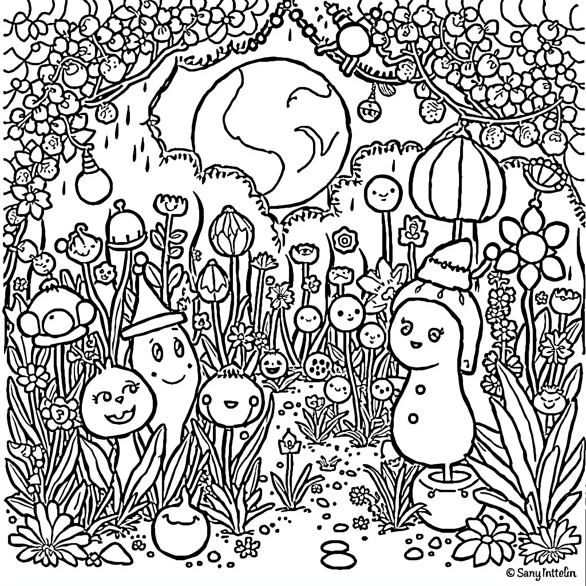 Garden of Whimsical Creatures and Flowers Coloring Page (free black-and-white line drawing printable PDF for all, from beginners to advanced learners, including children, teens, adults, and seniors)